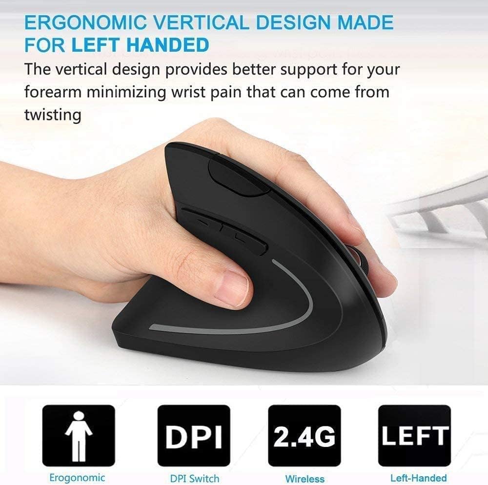 BeWishes Ratón vertical inalámbrico ergonómico para zurdos, 2.4G, 3...