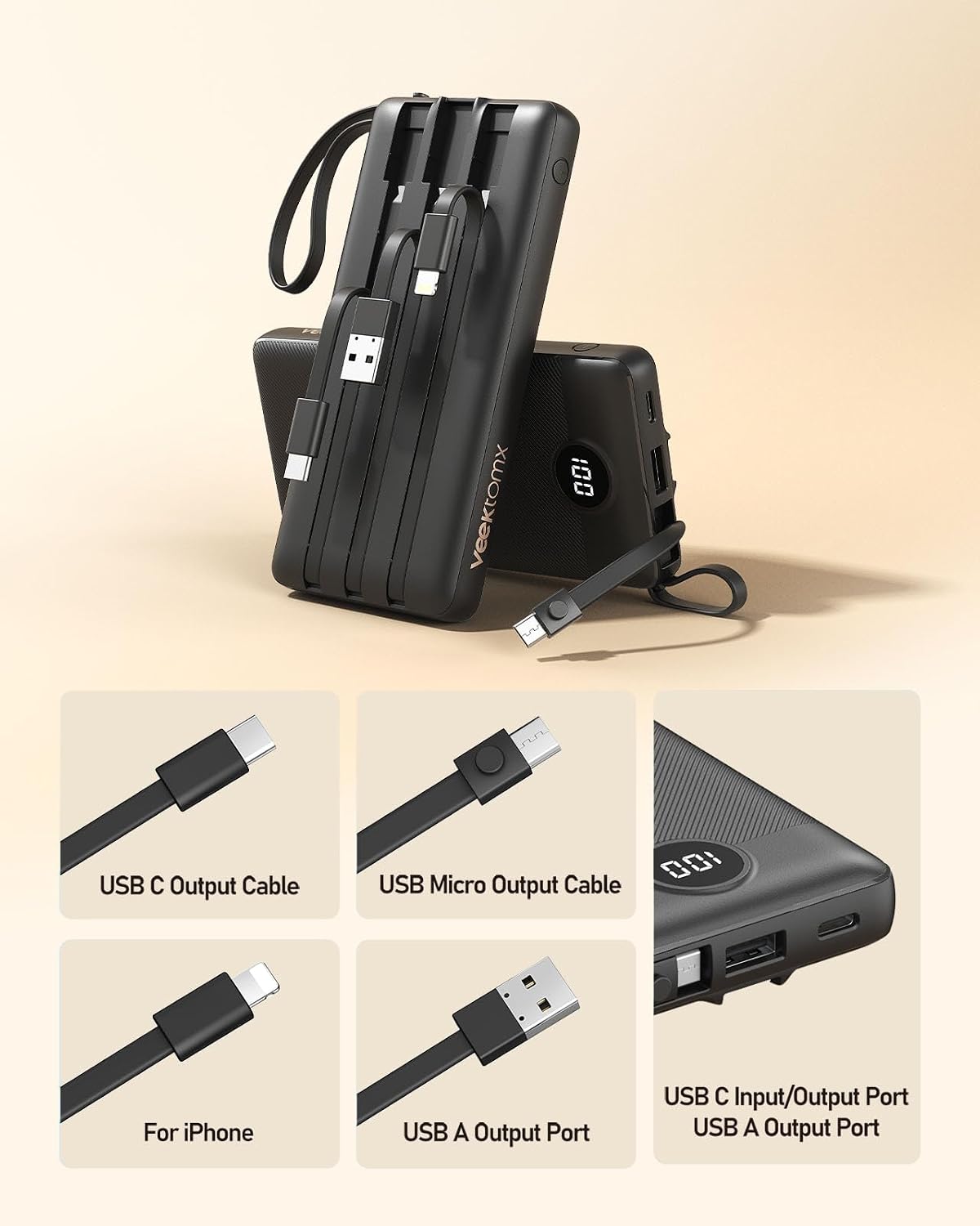 VEEKTOMX Cargador portátil de 10000 mAh con 4 cables incorporados |...
