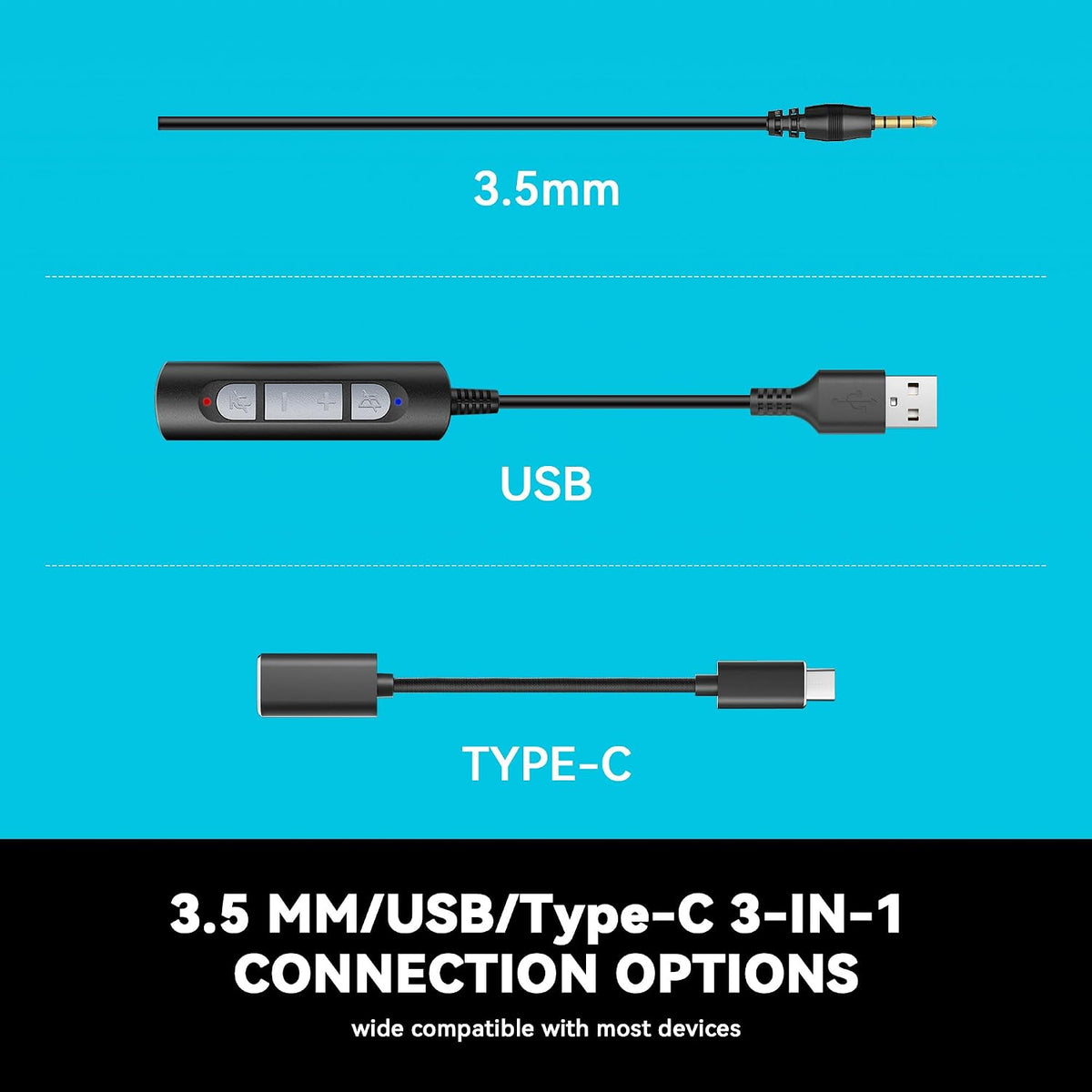 Wantek Auriculares USB y de 0.138 in con micrófono para PC\/portáti...