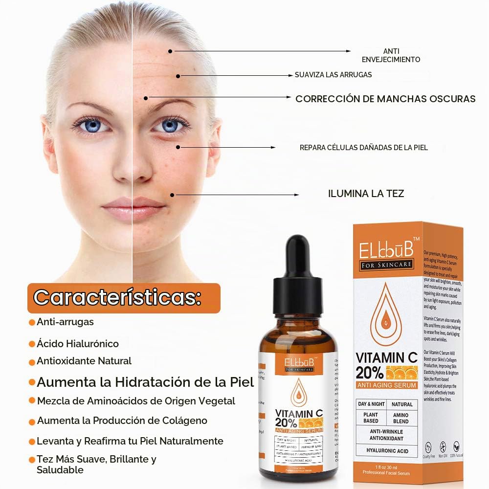 Suero de Vitamina C Premium al 20% para el Rostro con Ácido Hialuró...