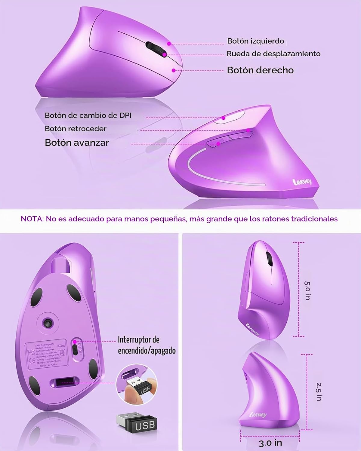 Lekvey Ratón Ergonómico, Ratón Vertical Inalámbrico Recargable 2.4...