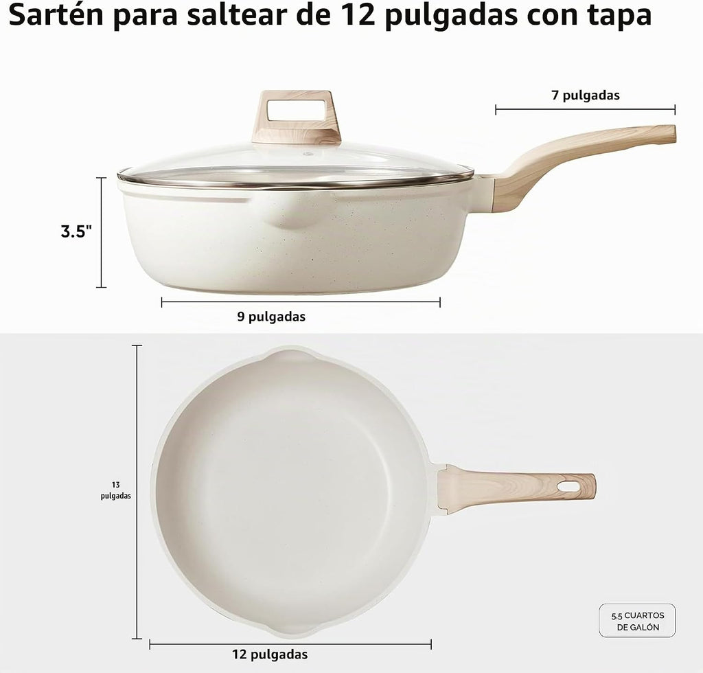 CAROTE Sartén profunda antiadherente de 12 pulgadas con tapa, grani...