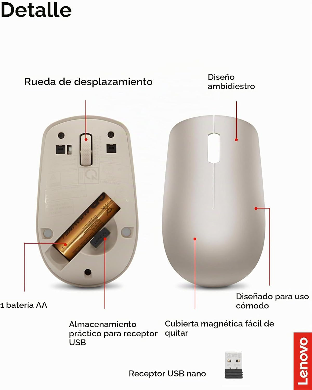 Lenovo 530 Ratón Inalámbrico con Batería, 2.4GHz Nano USB, Sensor Ó...