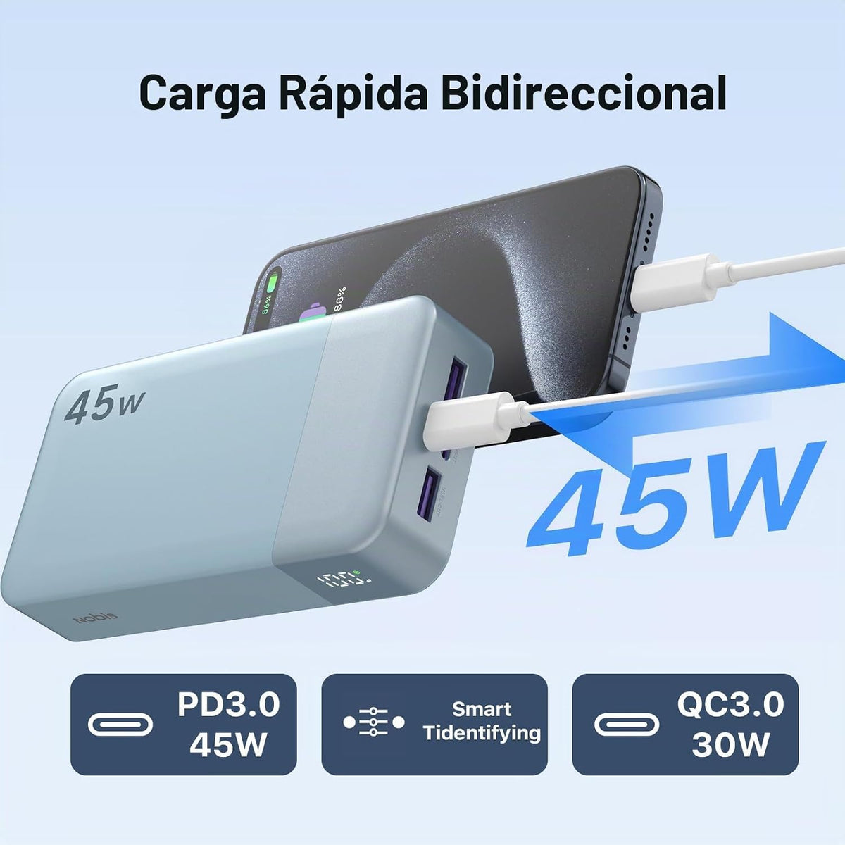 NOBIS Cargador portátil 45W 20000mAh Power Bank Carga rápida | Paqu...