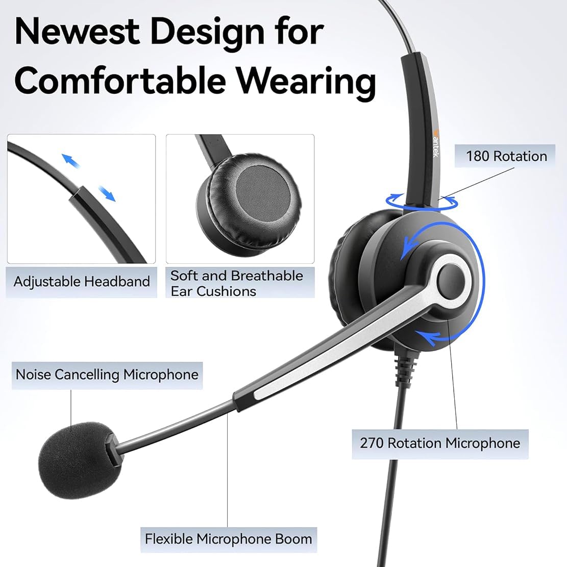 Wantek Auriculares estéreo con cable USB-A\/USB-C, ligeros, con can...