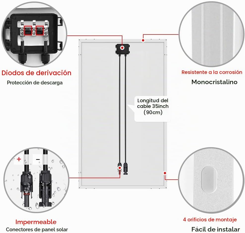DOKIO Panel solar monocristalino de 100W 18V para sistemas de 12V,...