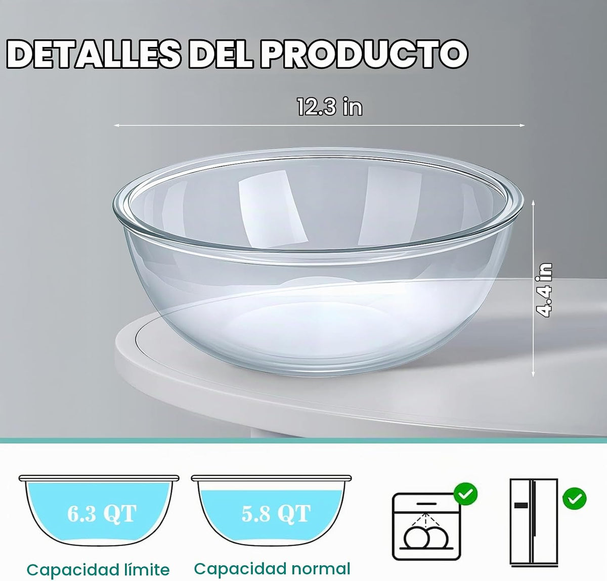 MUUBOOX Tazón grande de vidrio para mezclar de 6.3 cuartos, cuencos...