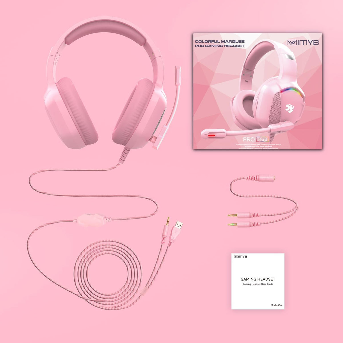 IMYB A36 Auriculares para juegos rosas con micrófono estéreo para P...