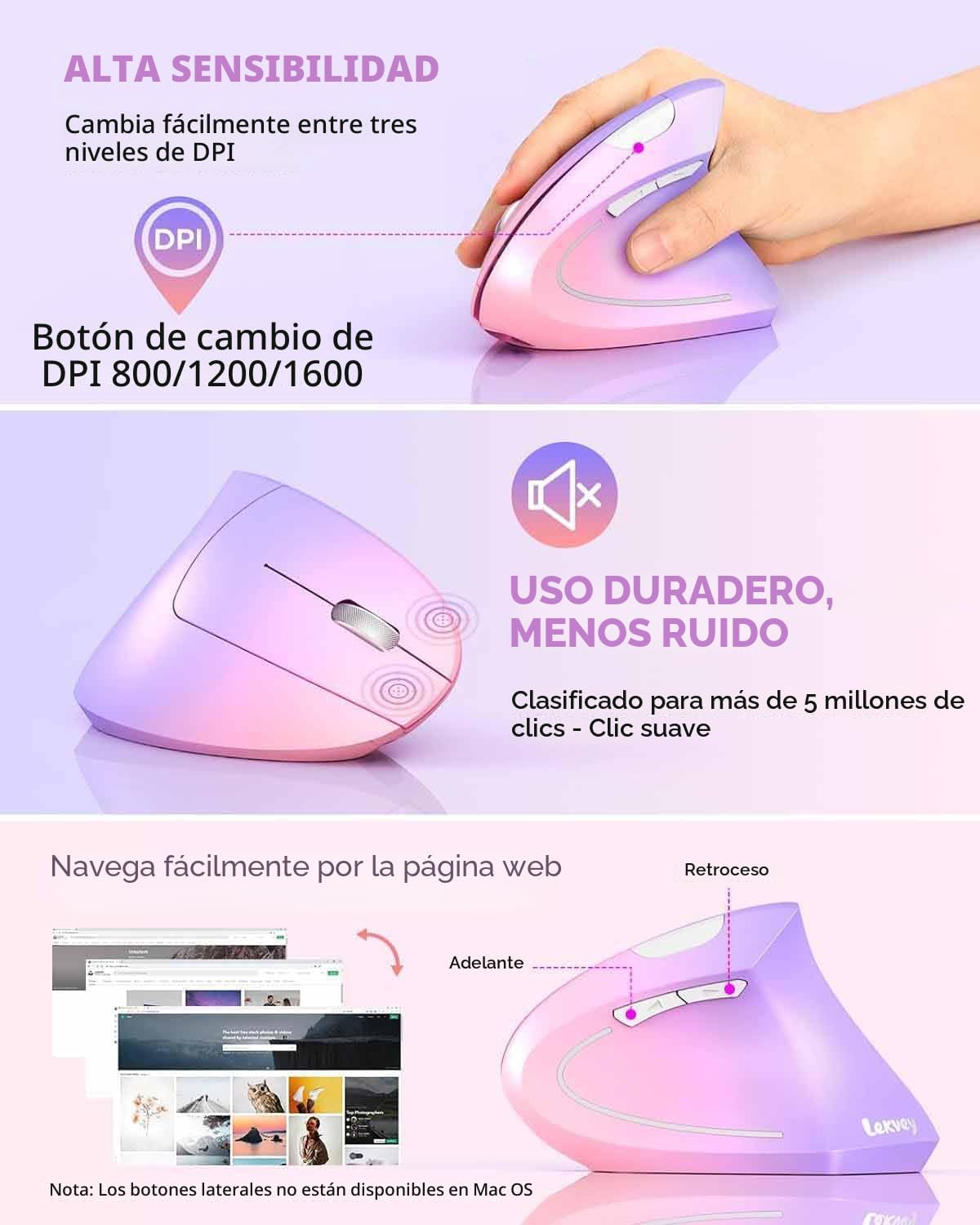 Lekvey Ratón ergonómico, ratón inalámbrico vertical recargable 2.4...