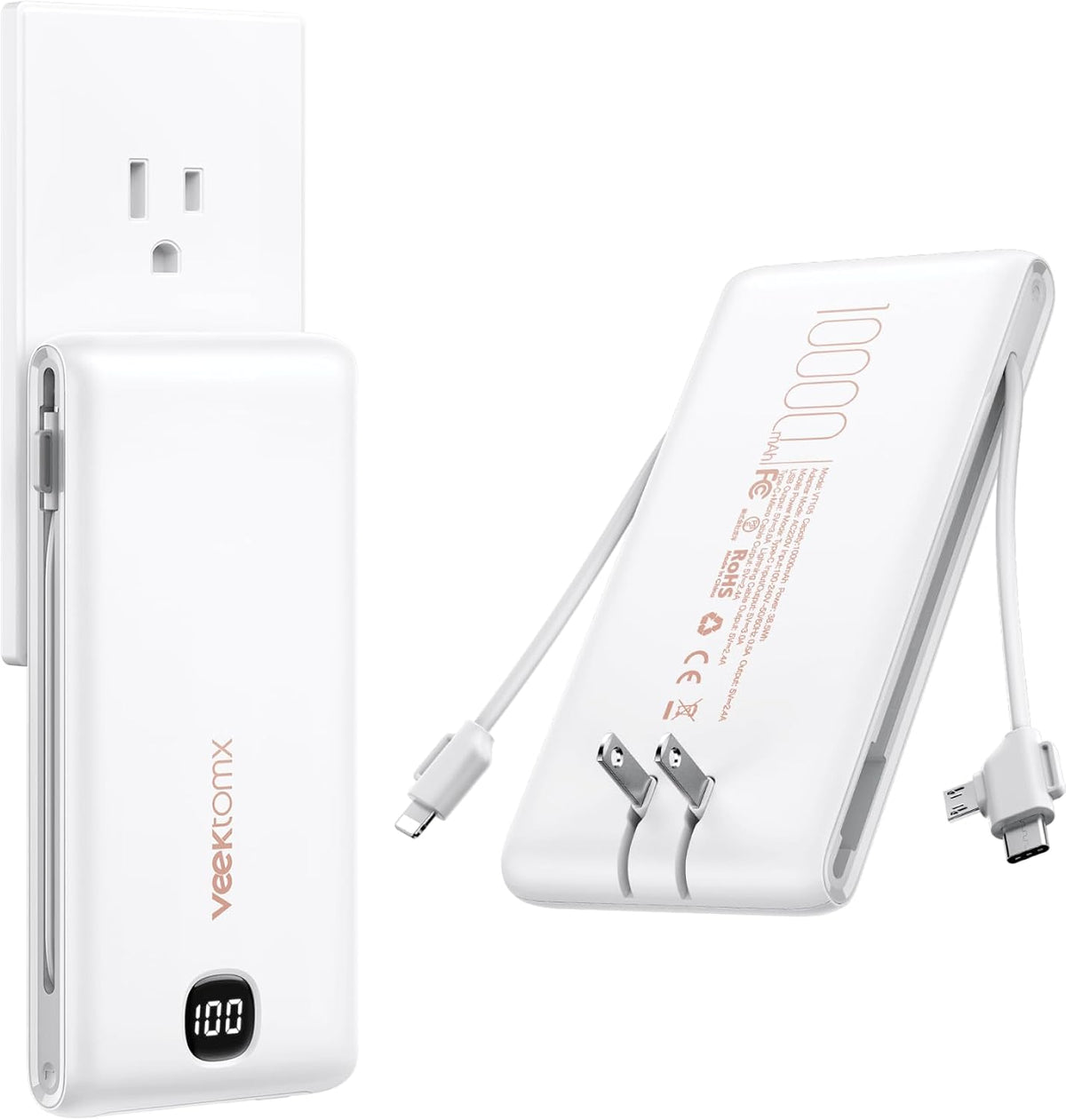 VEEKTOMX Cargador portátil con cables incorporados y enchufe de par...