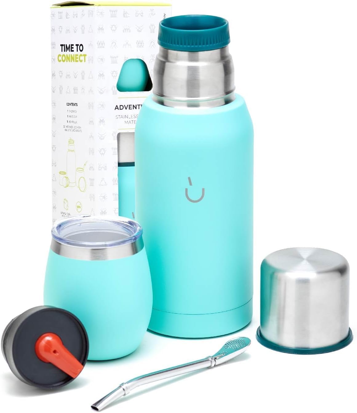BALIBETOV Kit de yerba mate, incluye 1 taza mate, 1 popote y 1 termo con 2 tapones, la calabaza de yerba mate de acero inoxidable, incluye tapa (azul)
