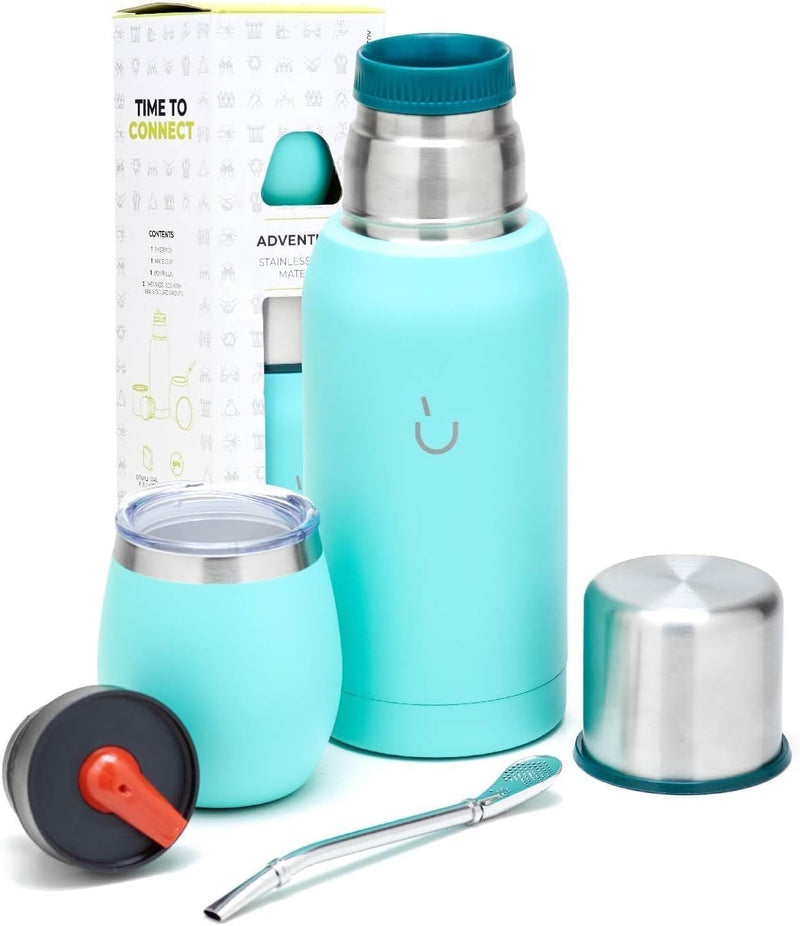BALIBETOV Kit de yerba mate, incluye 1 taza mate, 1 popote y 1 termo con 2 tapones, la calabaza de yerba mate de acero inoxidable, incluye tapa (azul)