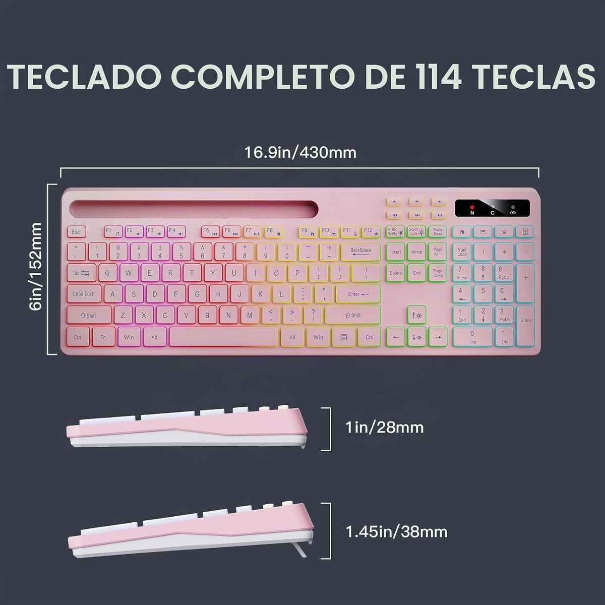 Soueto Teclado inalámbrico con retroiluminación RGB de 7 colores, t...