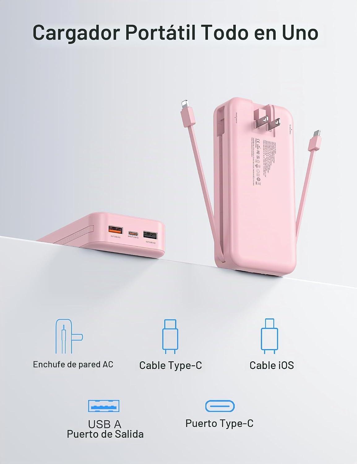 Cargador portátil Power Bank 20000mAh con cables integrados y enchu...