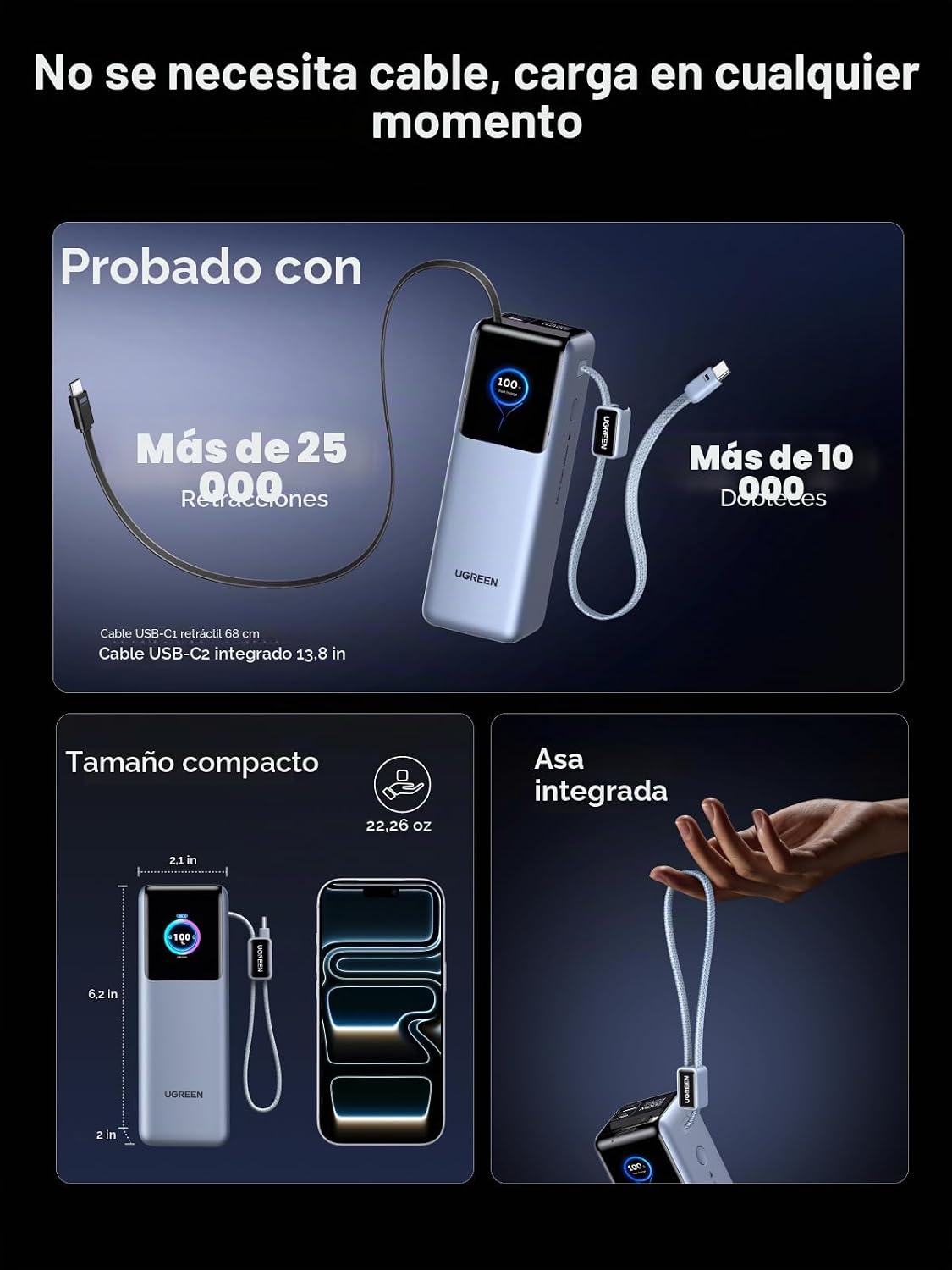 UGREEN Nexode Pro 25000mAh 200W Laptop Power Bank con cables retrác...