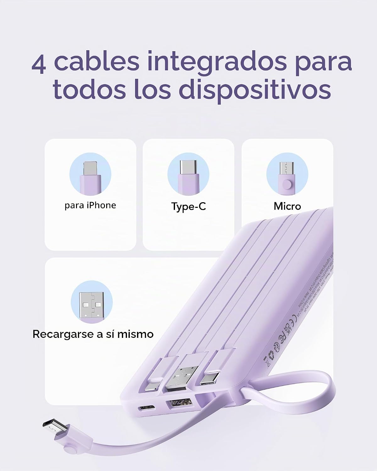 Cargador portátil VRURC, 4 cables incorporados, banco de energía de...
