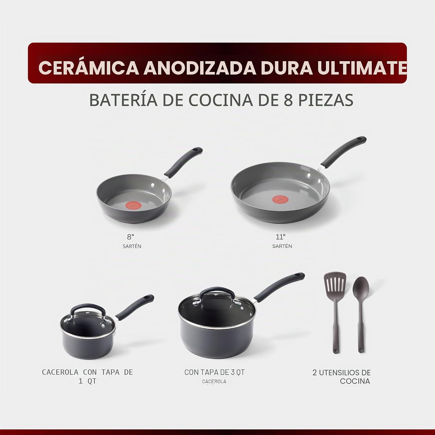 T-fal Juego de utensilios de cocina antiadherentes de cerámica, 8 p...