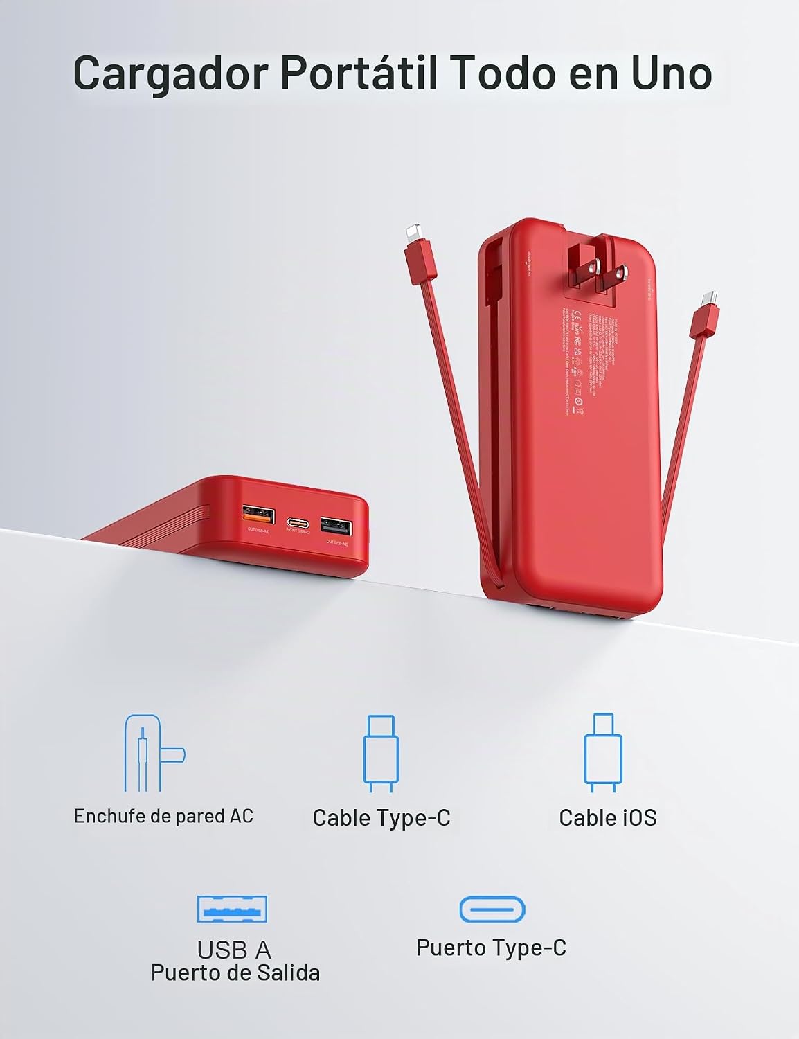 Cargador portátil Power Bank 20000mAh con cables integrados y enchu...