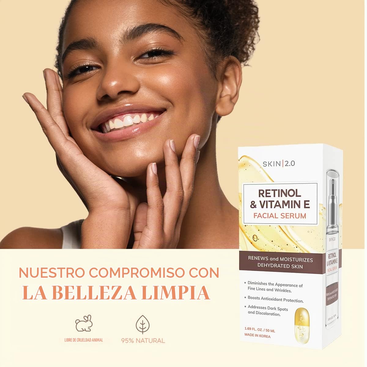 Skin 2.0 Suero facial de retinol y vitamina E - 1.69 onzas líquidas...