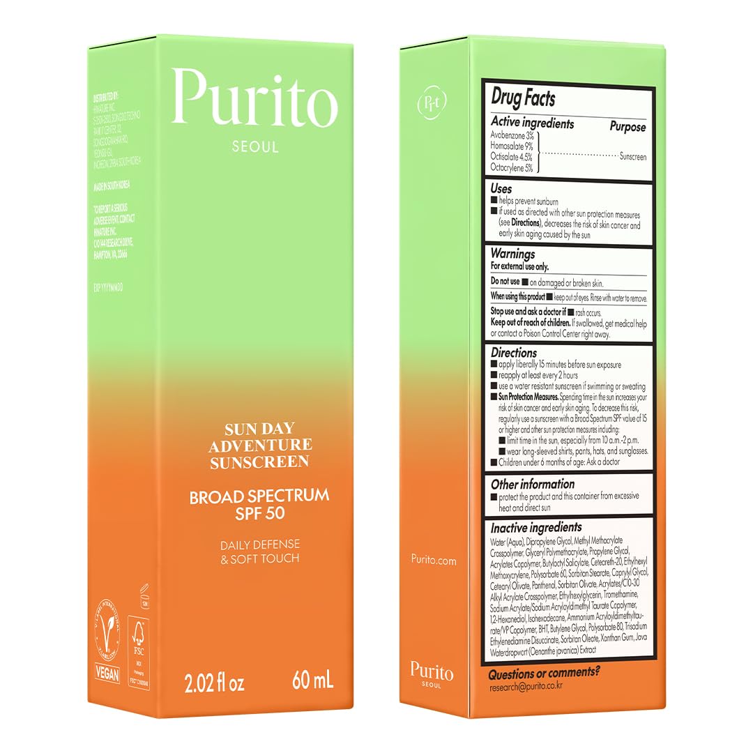PURITO Protector solar coreano SPF 50 para pieles sensibles, 2.02 f...