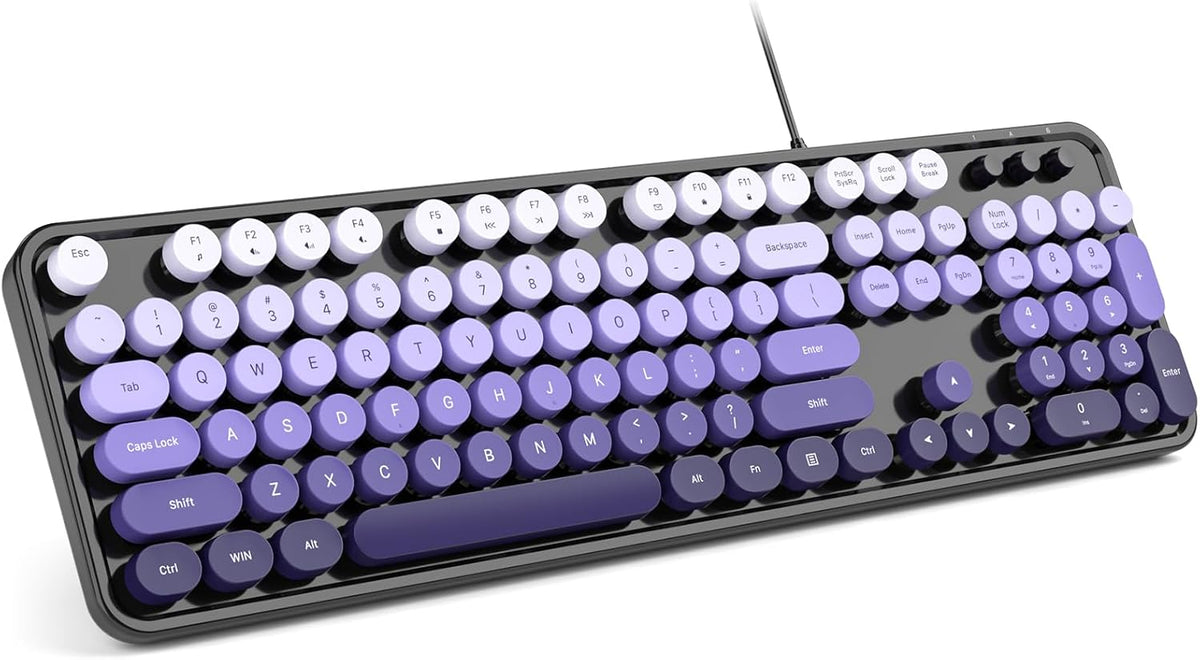 MOWUX Teclado de computadora con cable, teclado USB redondo retro P...