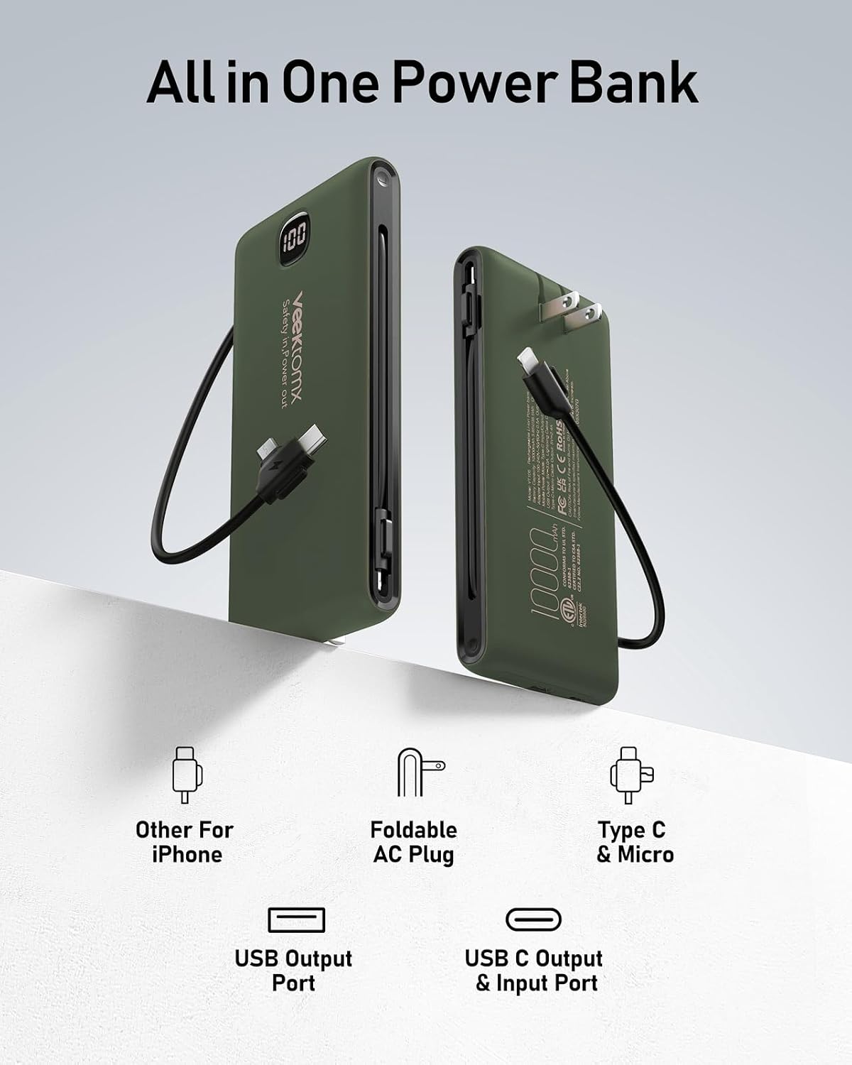 Cargador portátil VEEKTOMX de 10000 mAh con cables integrados y enc...