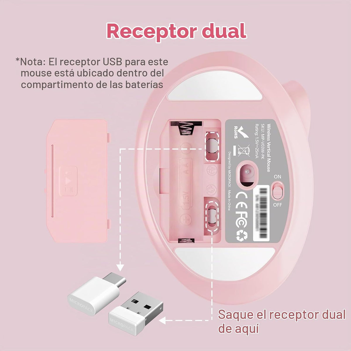 MicroPack Ratón ergonómico, ratón vertical inalámbrico con USB A y...