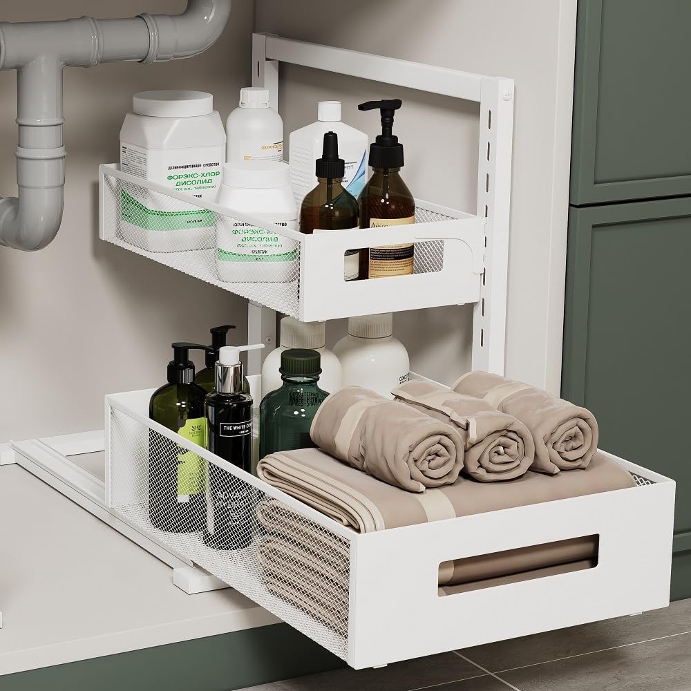 Organizador para debajo del fregadero, organizador de baño de 2 niv...