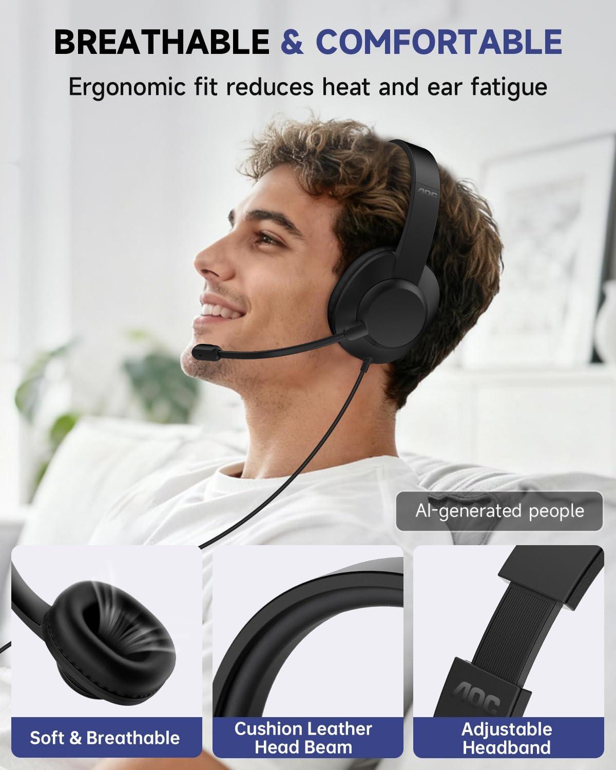 AOC Auriculares USB con micrófono para PC, auriculares con cable so...