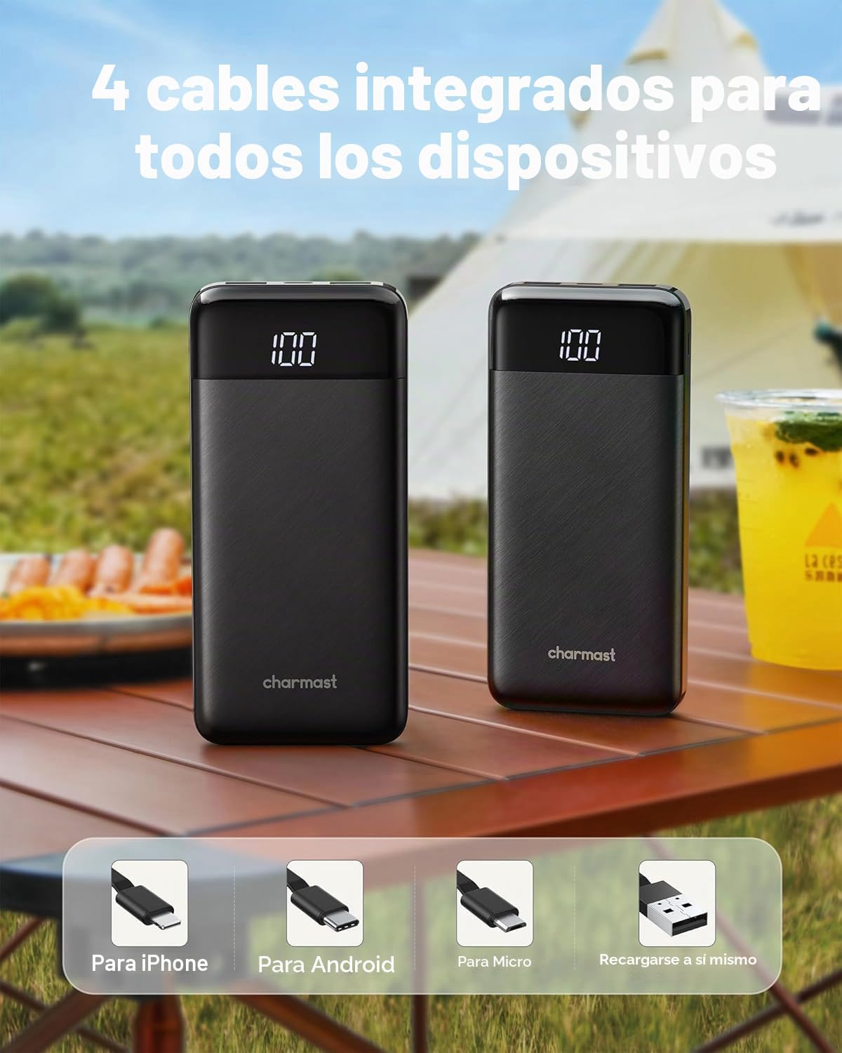 charmast Cargador portátil con 4 cables integrados reforzados | 100...