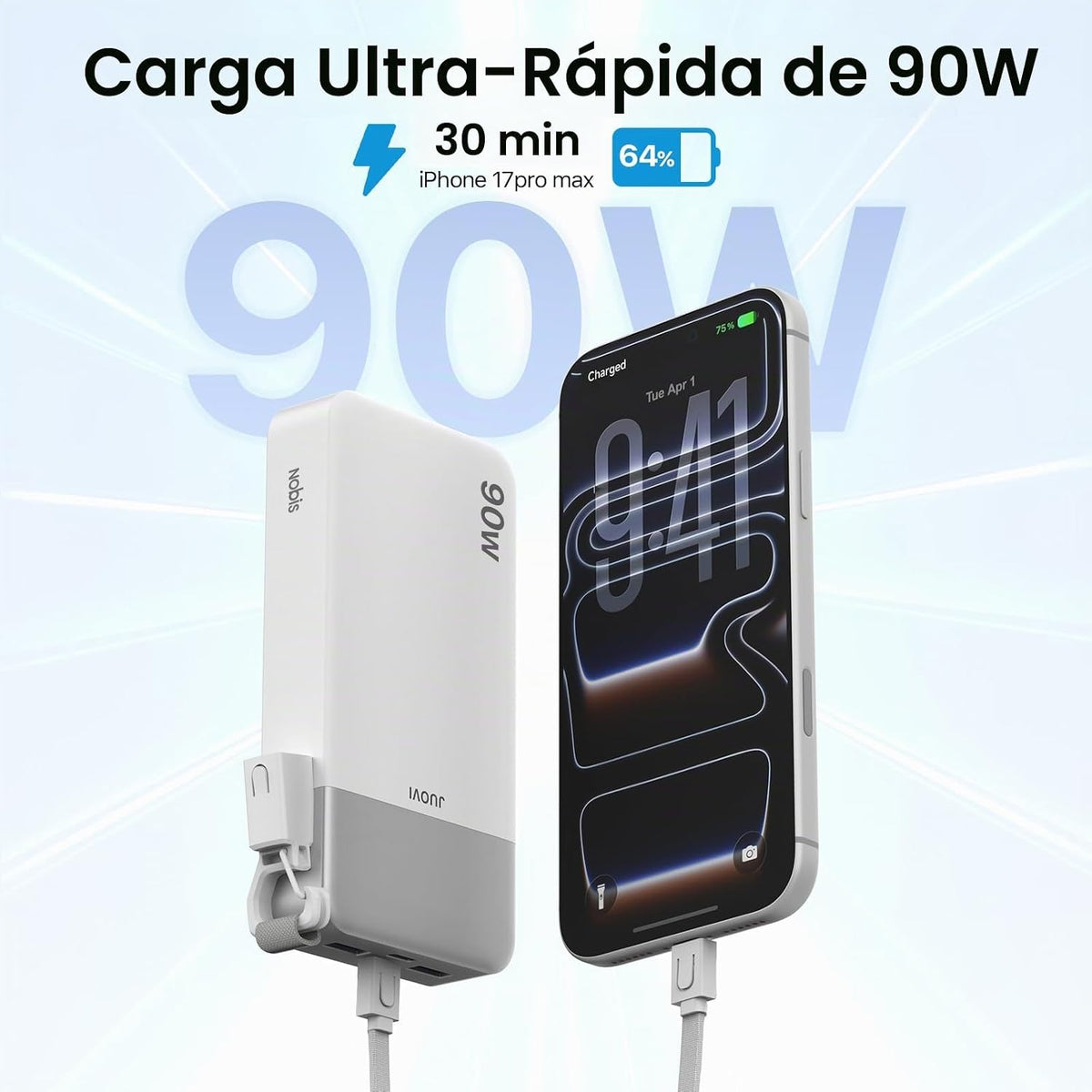 Cargador portátil NOBIS 20000mAh 90W Power Bank con cable desmontab...