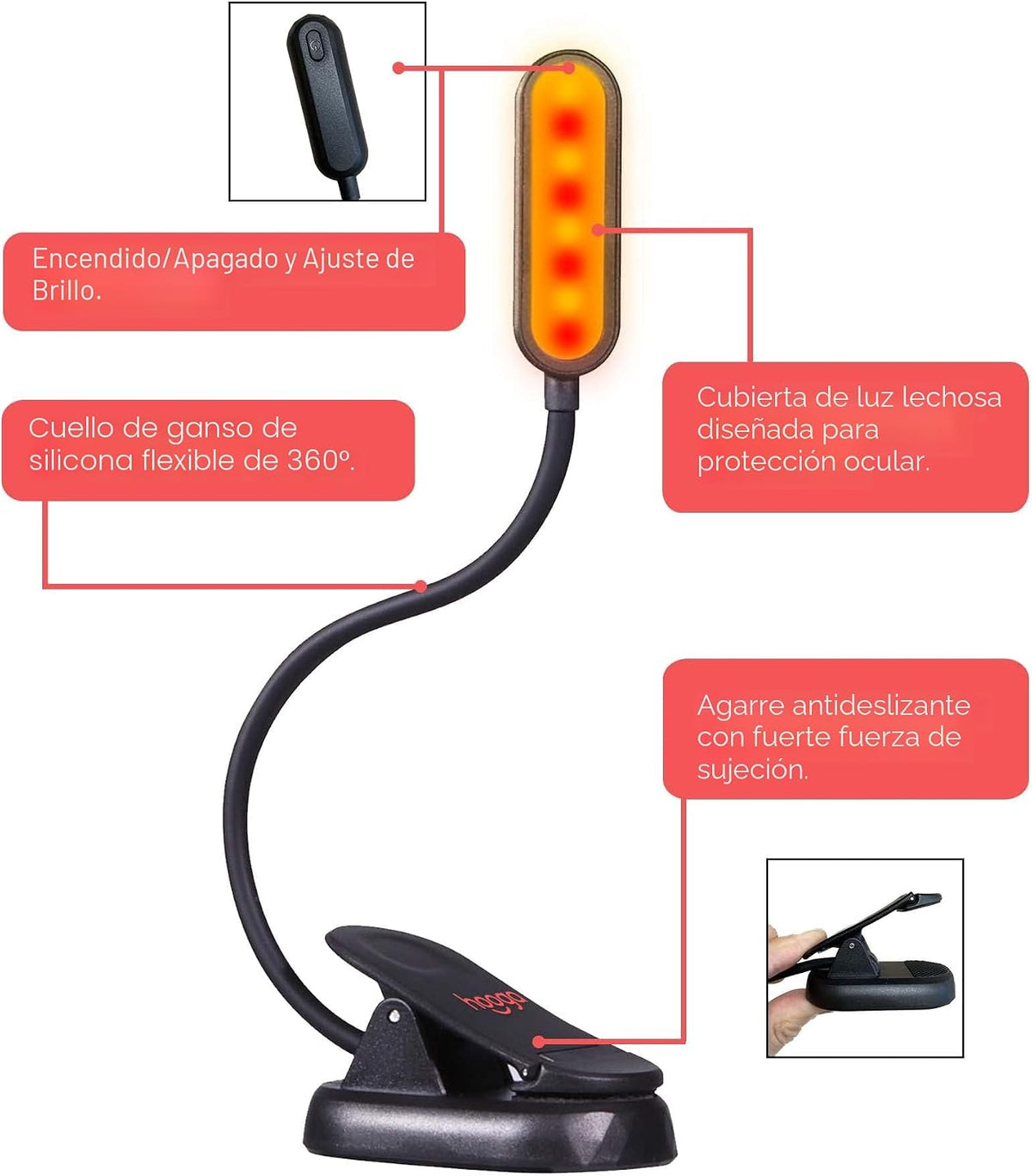 hooga Luz de libro ámbar, bloqueo de luz azul, luz de lectura noctu...