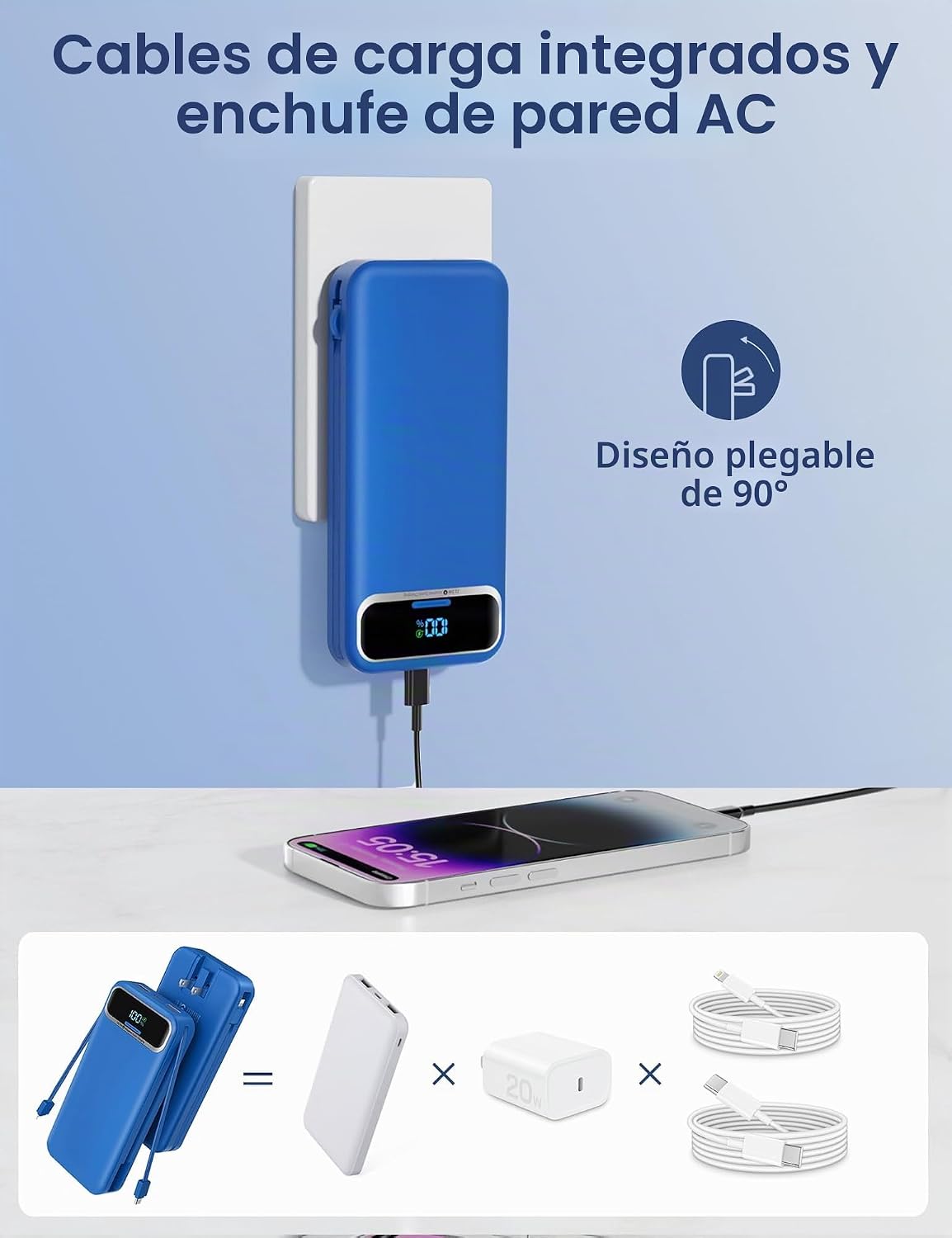 Cargador portátil aonidi de 12000 mAh con cables integrados y enchu...