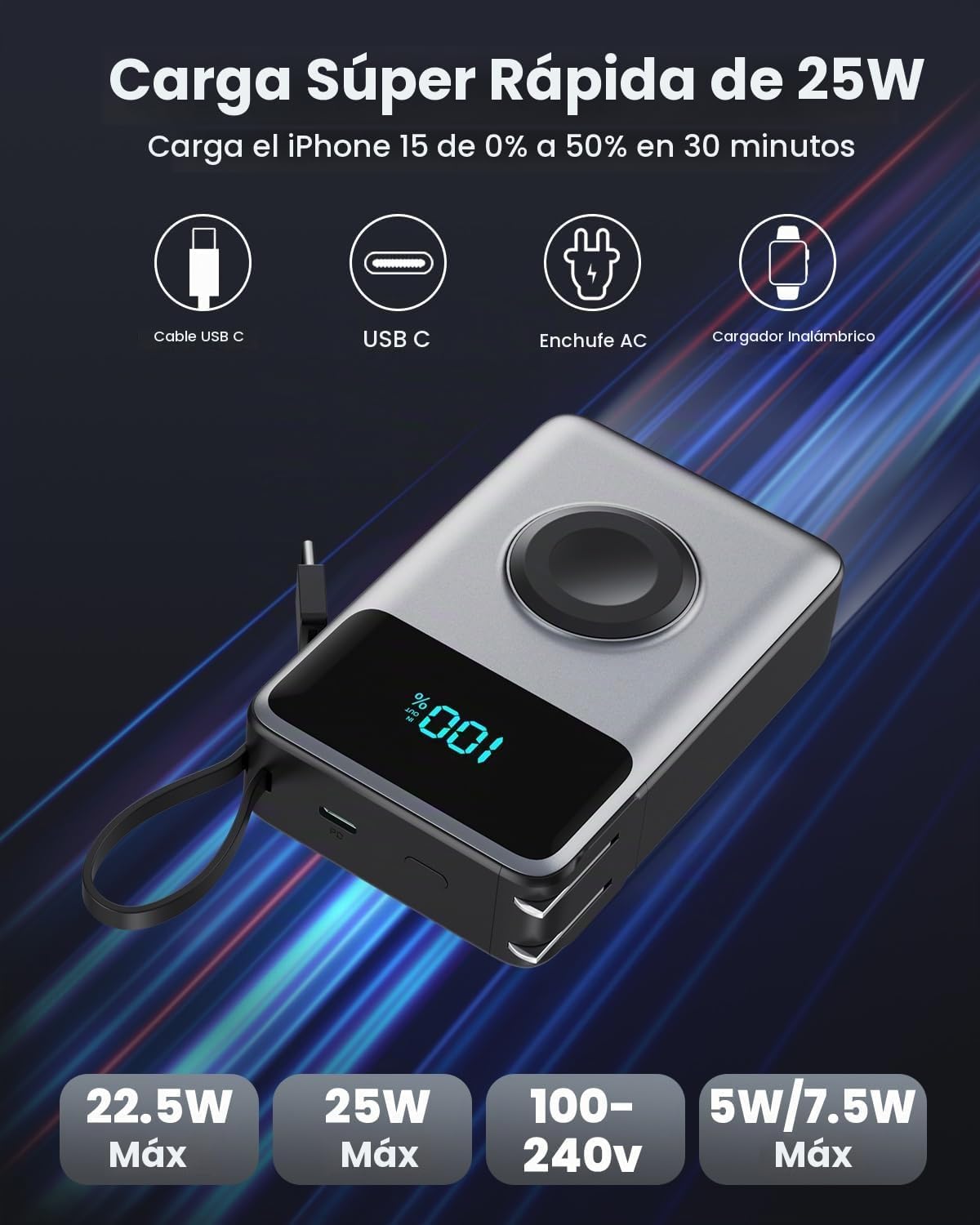 Cargador portátil 4 en 1 con enchufe de pared integrado y cables US...