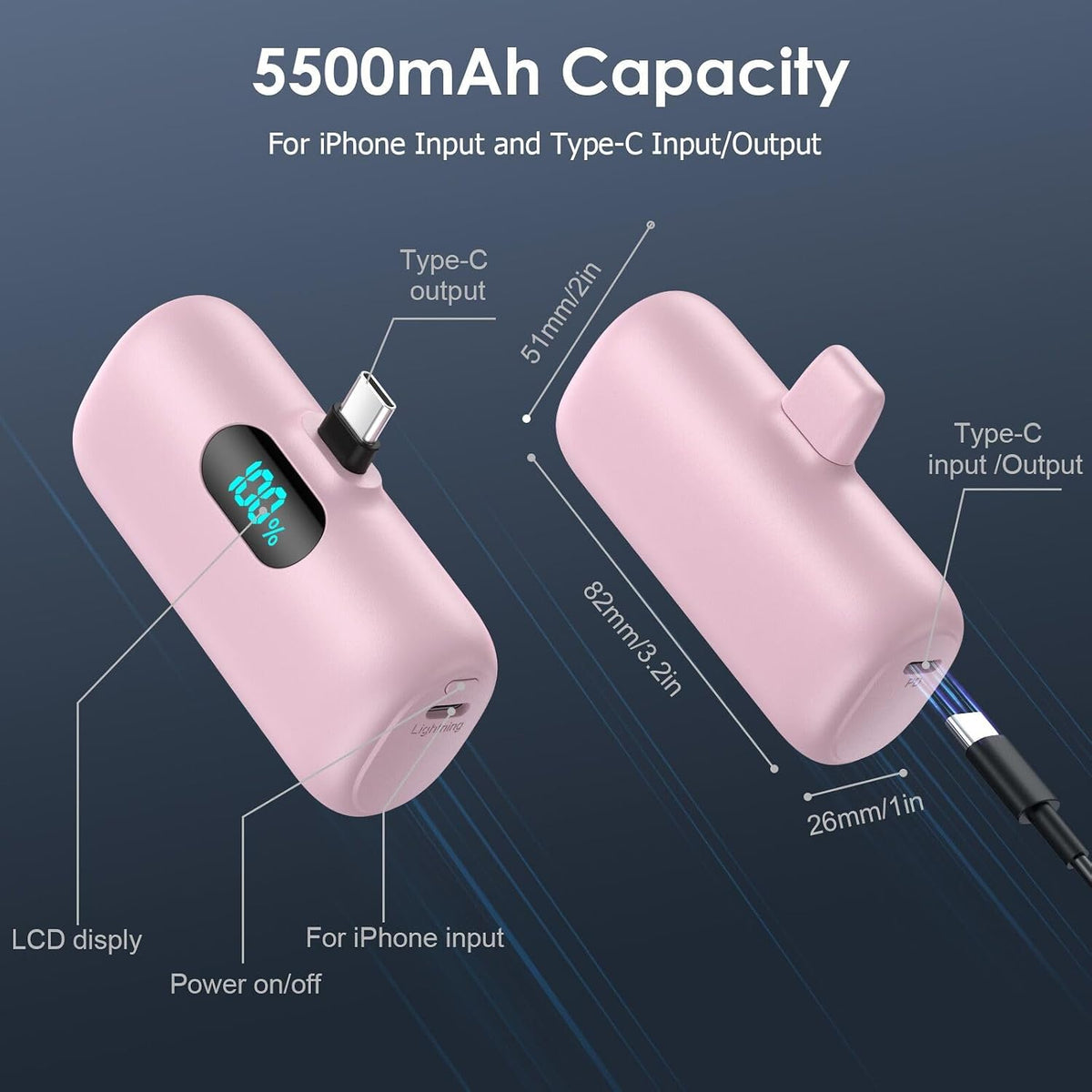 Kioson Mini cargador portátil 5500mAh Power Bank, 15W PD USB C telé...