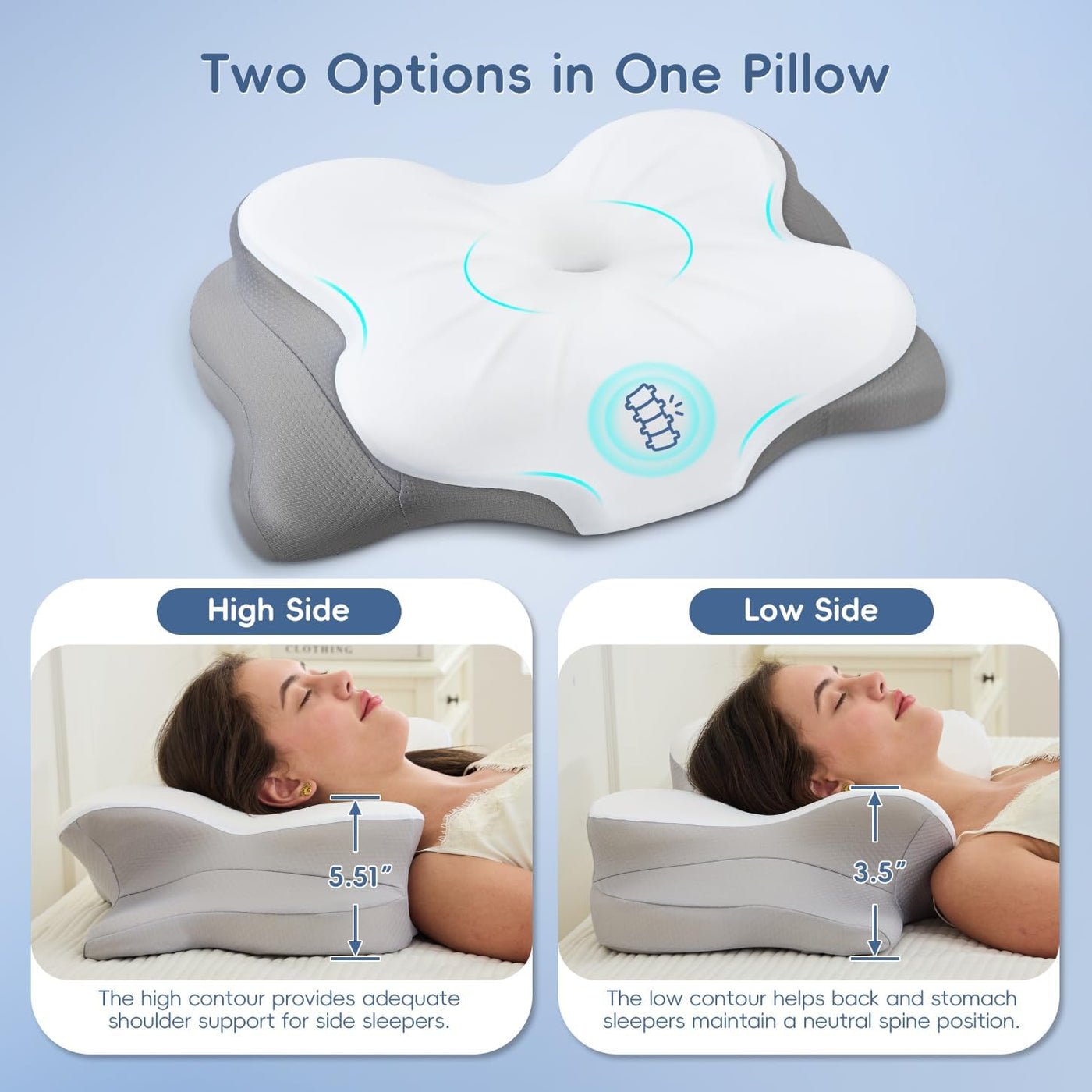 Almohada de espuma viscoelástica, almohada cervical de 2 alturas pa...