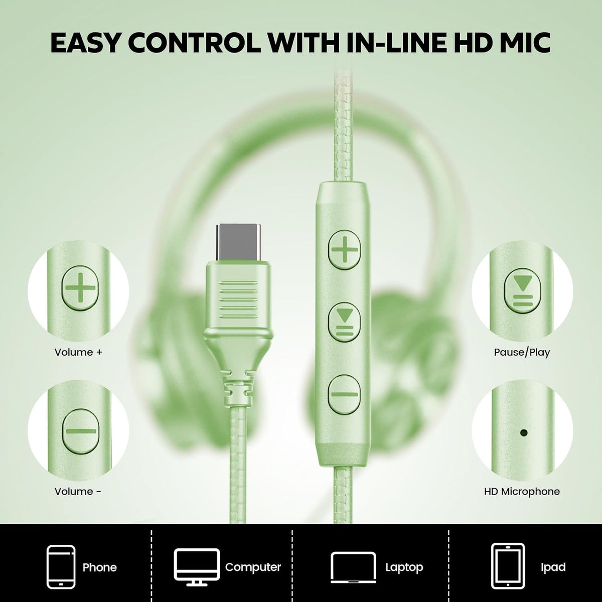 Cowyawn Auriculares USB C con cable, auriculares USB C con cable co...