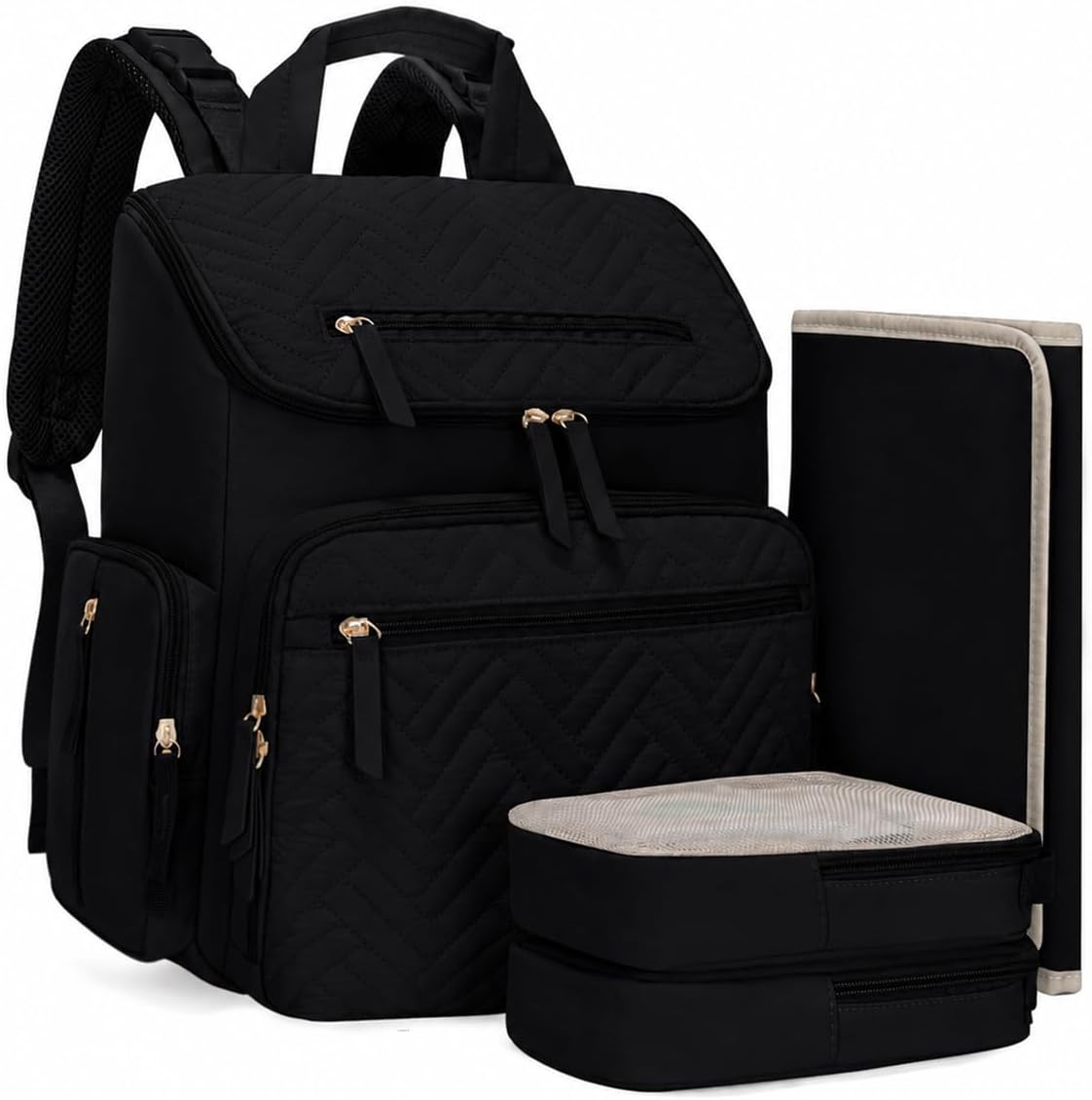 KABAQOO Mochila para pañales con cambiador y bolsillos aislados, Ne...