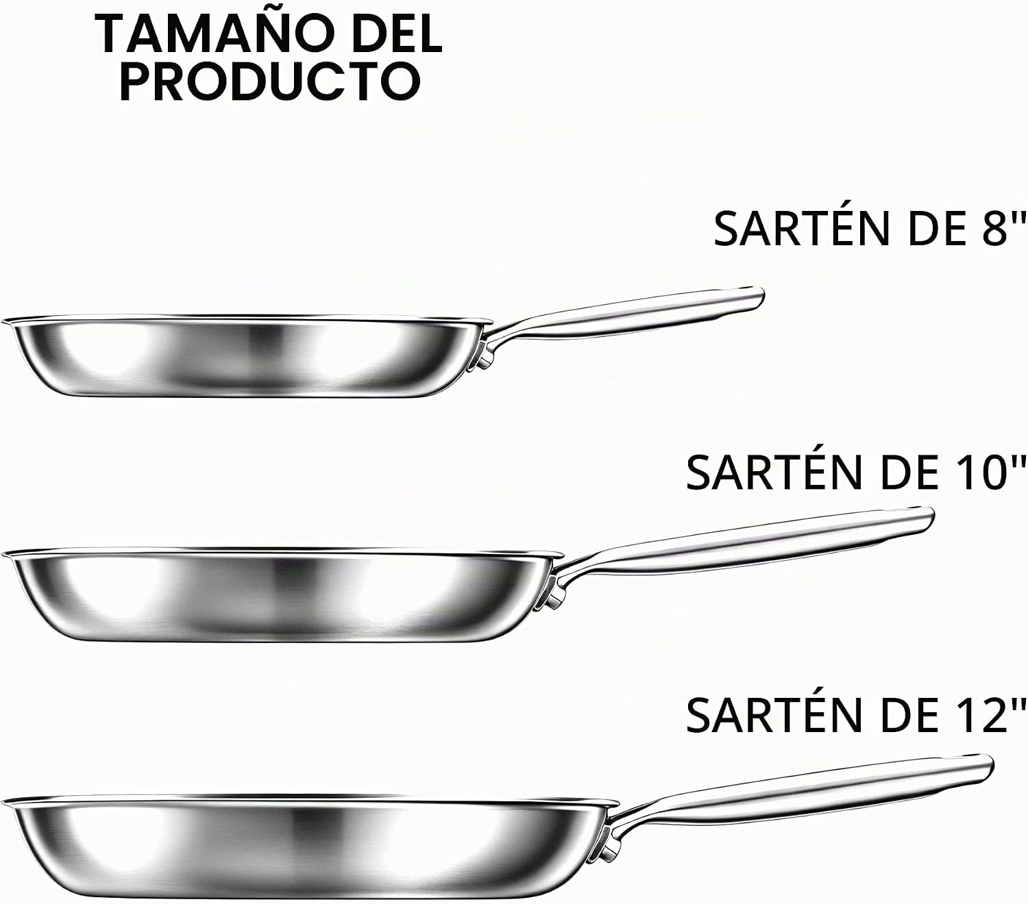 COOKER KING Juego de 3 sartenes de acero inoxidable (8+10+12 pulgad...
