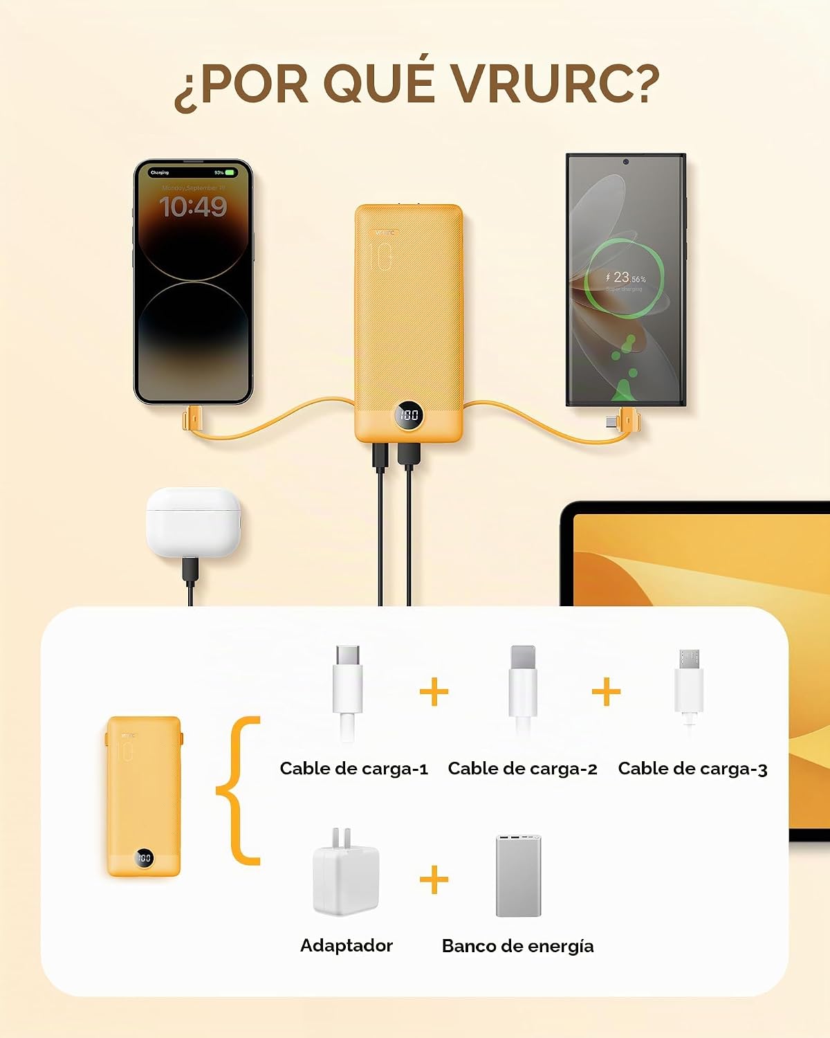 VRURC Cargador portátil, cables integrados en el banco de energía y...