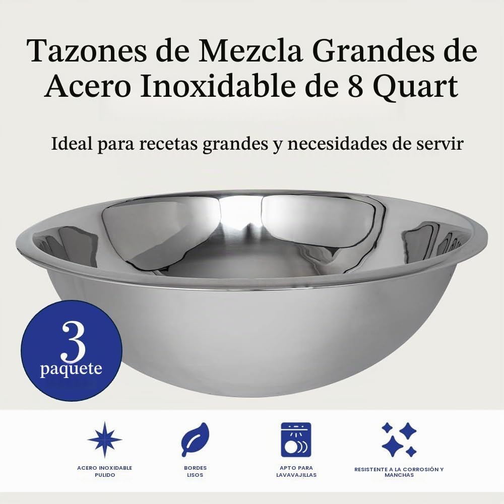 Juego de cuencos grandes de acero inoxidable de 8 cuartos de galón,...