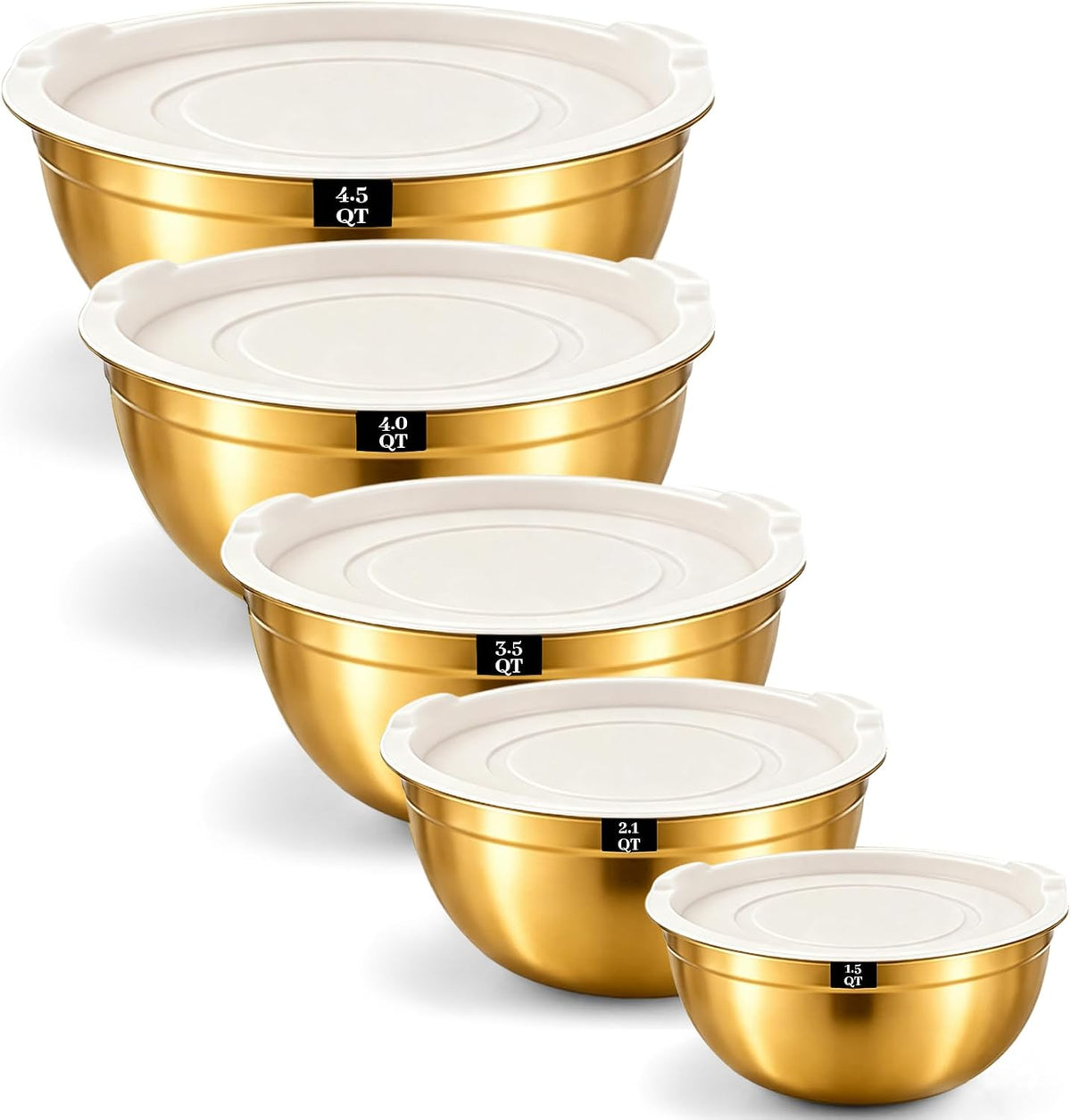 Juego de 5 cuencos de acero inoxidable dorados con tapas blancas, j...
