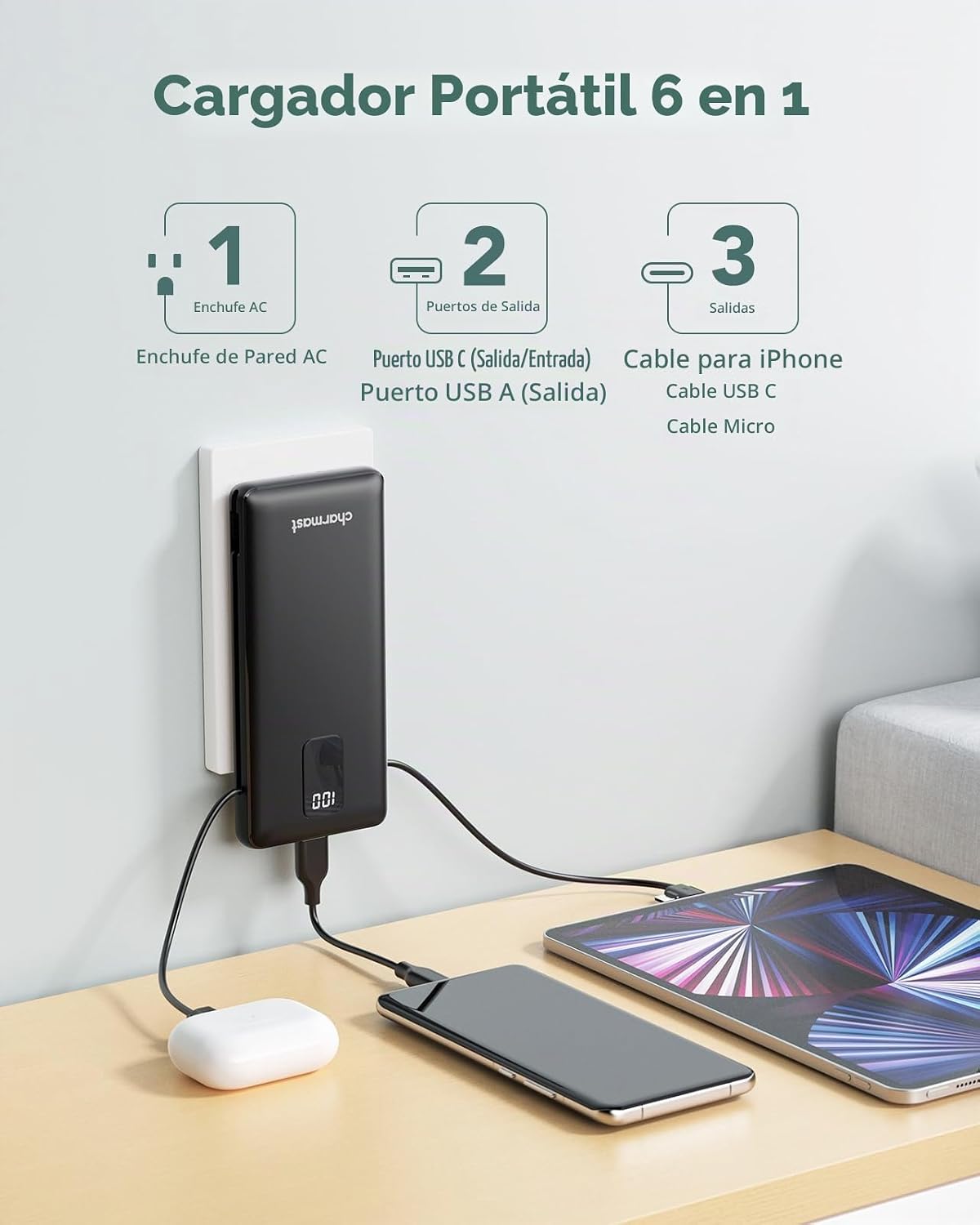 charmast Banco portátil 10000mAh del poder del cargador con el ench...