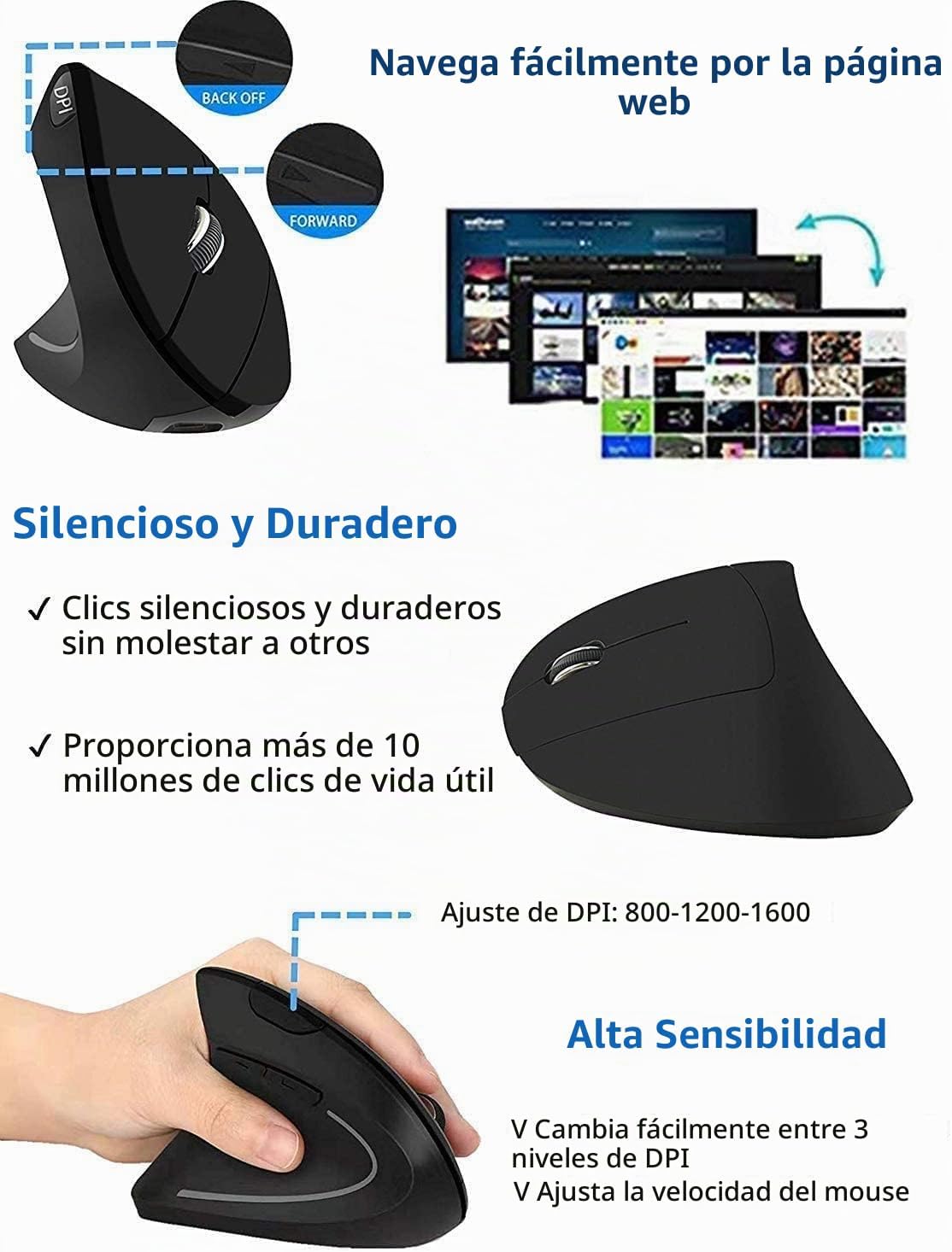 BeWishes Ratón vertical inalámbrico ergonómico para zurdos, 2.4G, 3...