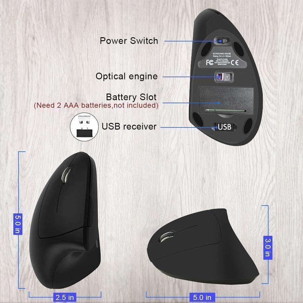 BeWishes Ratón vertical inalámbrico ergonómico para zurdos, 2.4G, 3...