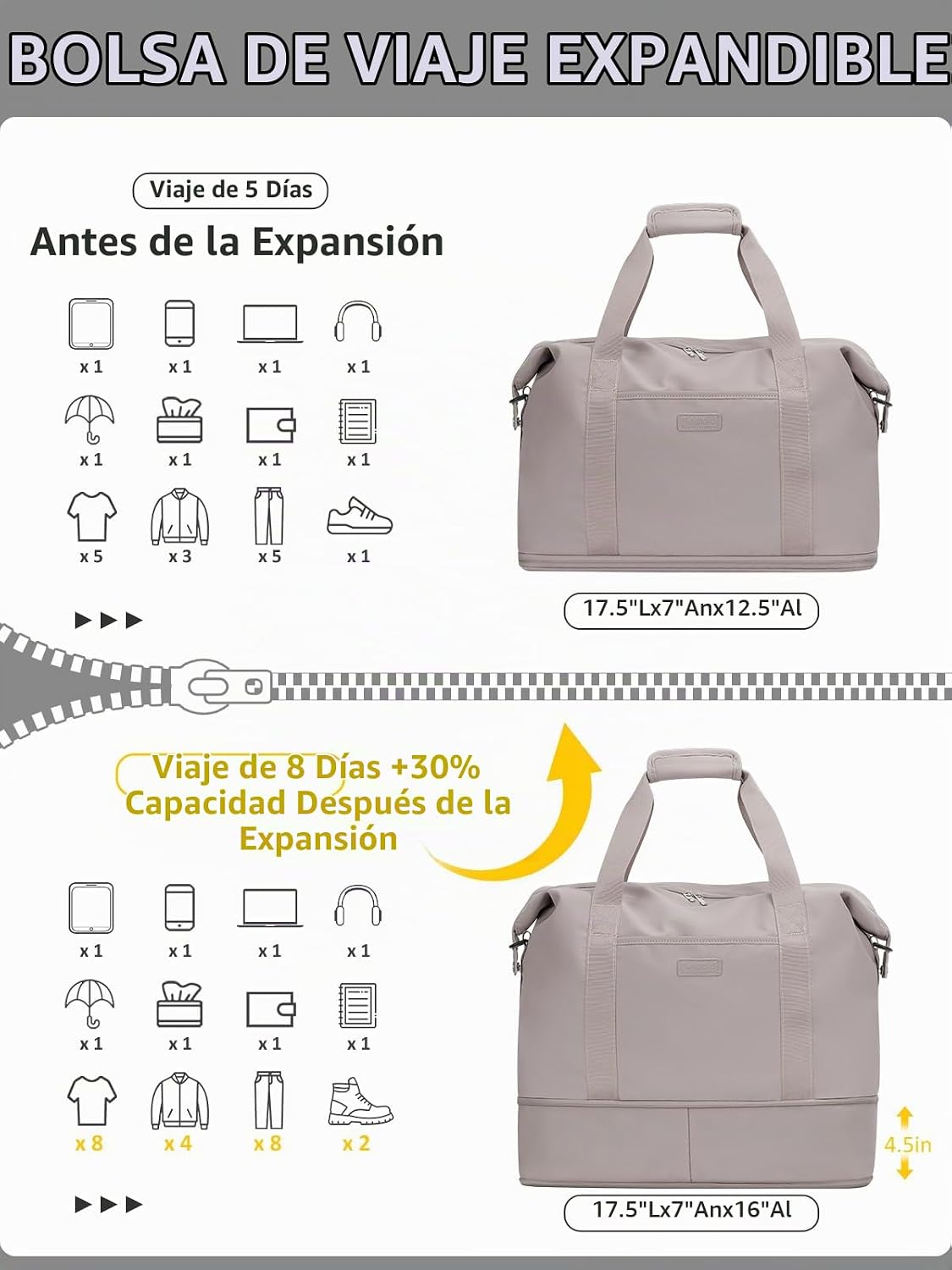 Bolsas de viaje expandibles de lona para fin de semana, bolsas de n...