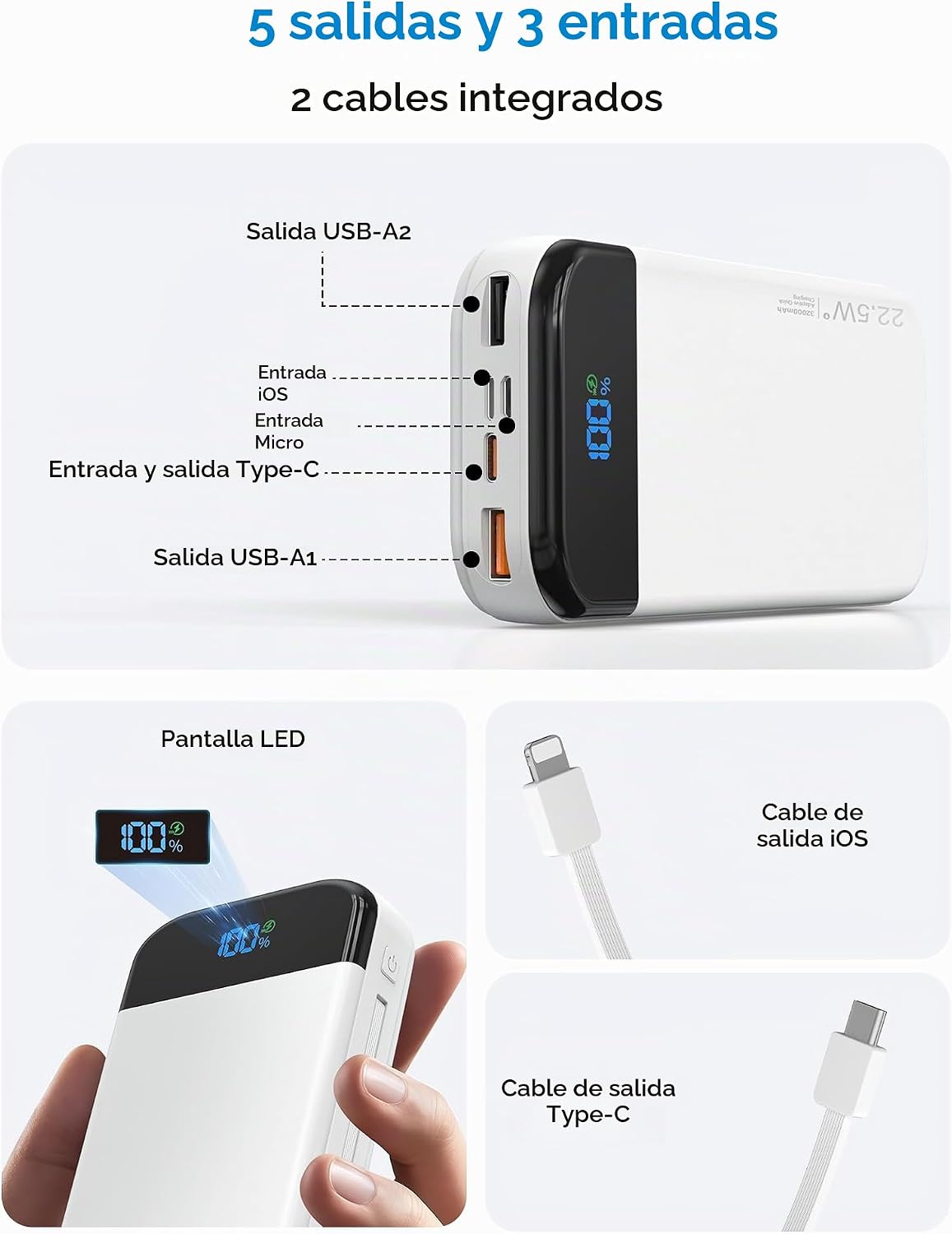 Banco de baterías para teléfono 32000 mAh 22,5 W con cables integra...