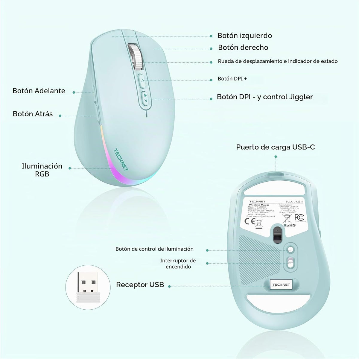 TECKNET Ratón inalámbrico Jiggler, mouse recargable con motor de mo...