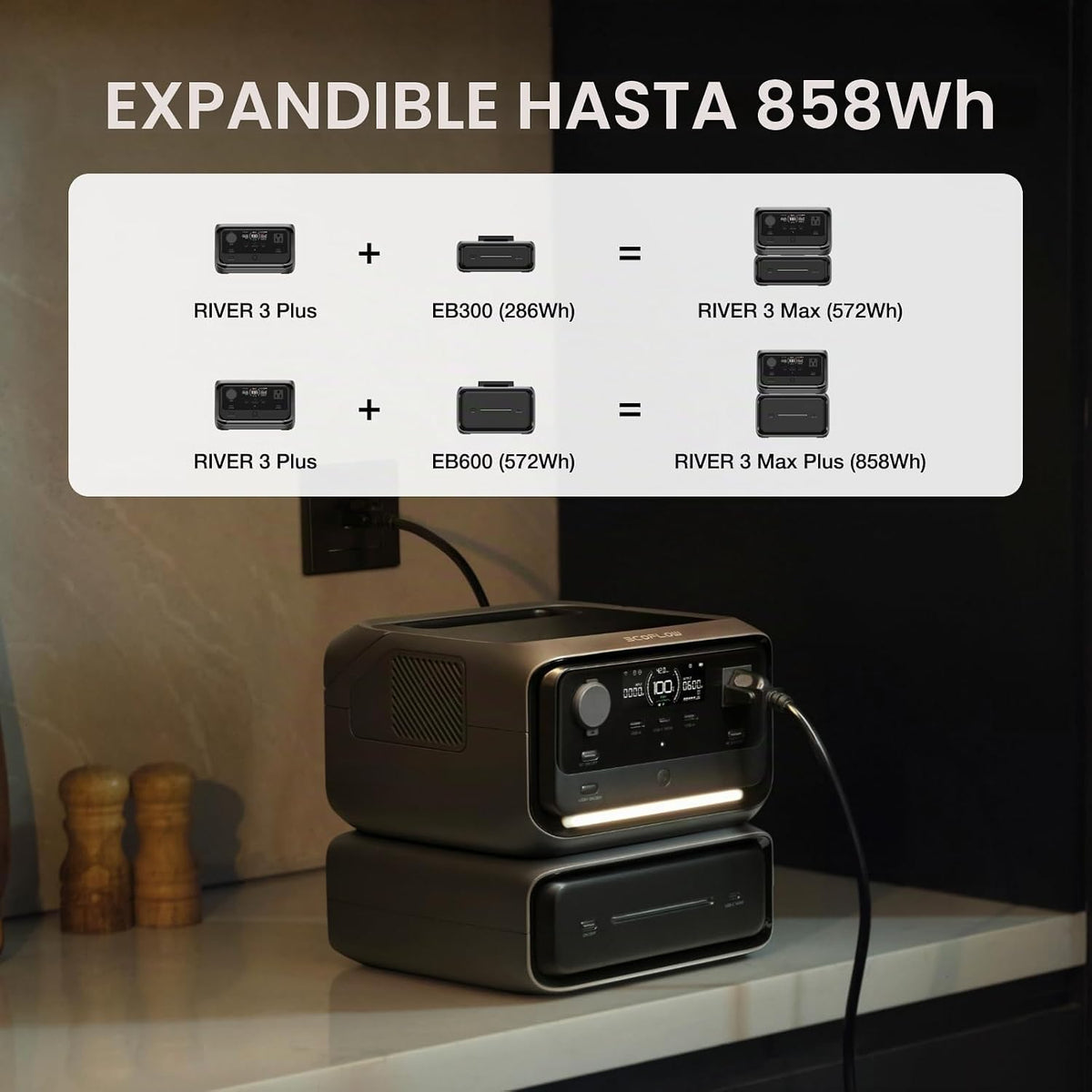 Central eléctrica portátil EF ECOFLOW River 3 Plus con batería adic...
