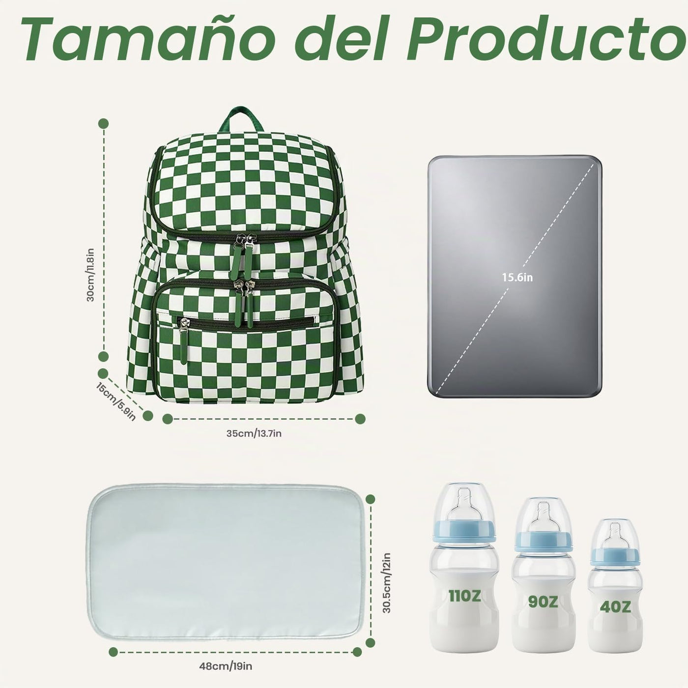 FHELAD Mochila de pañales a cuadros con cambiador y clips para coch...